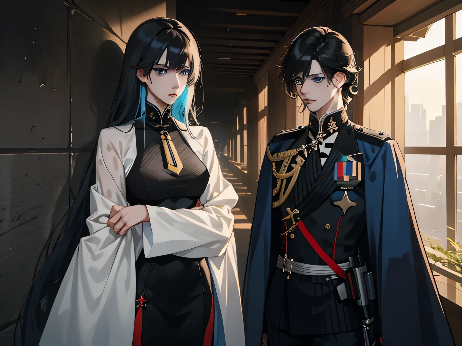 1 navy admiral, with two swords and black hair