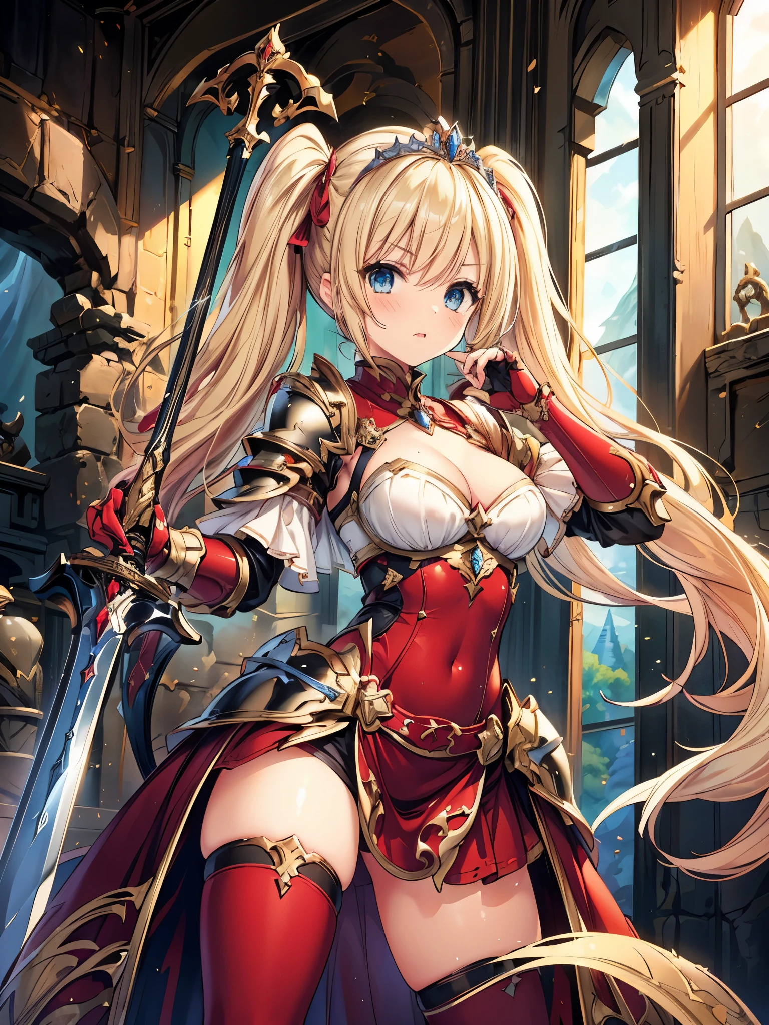 (masterpiece), best quality, fantasy art, 1girl, a female knight in metal armor holding sword, red_outfit, white_armor,cropped shoulders armor, plate armor, armor dress,gauntlets, Blonde hair,twintails, long hair, blue_eyes, ruby tiara,cleavage, thighs, thighhighs, weapeon, (sword:1.3)