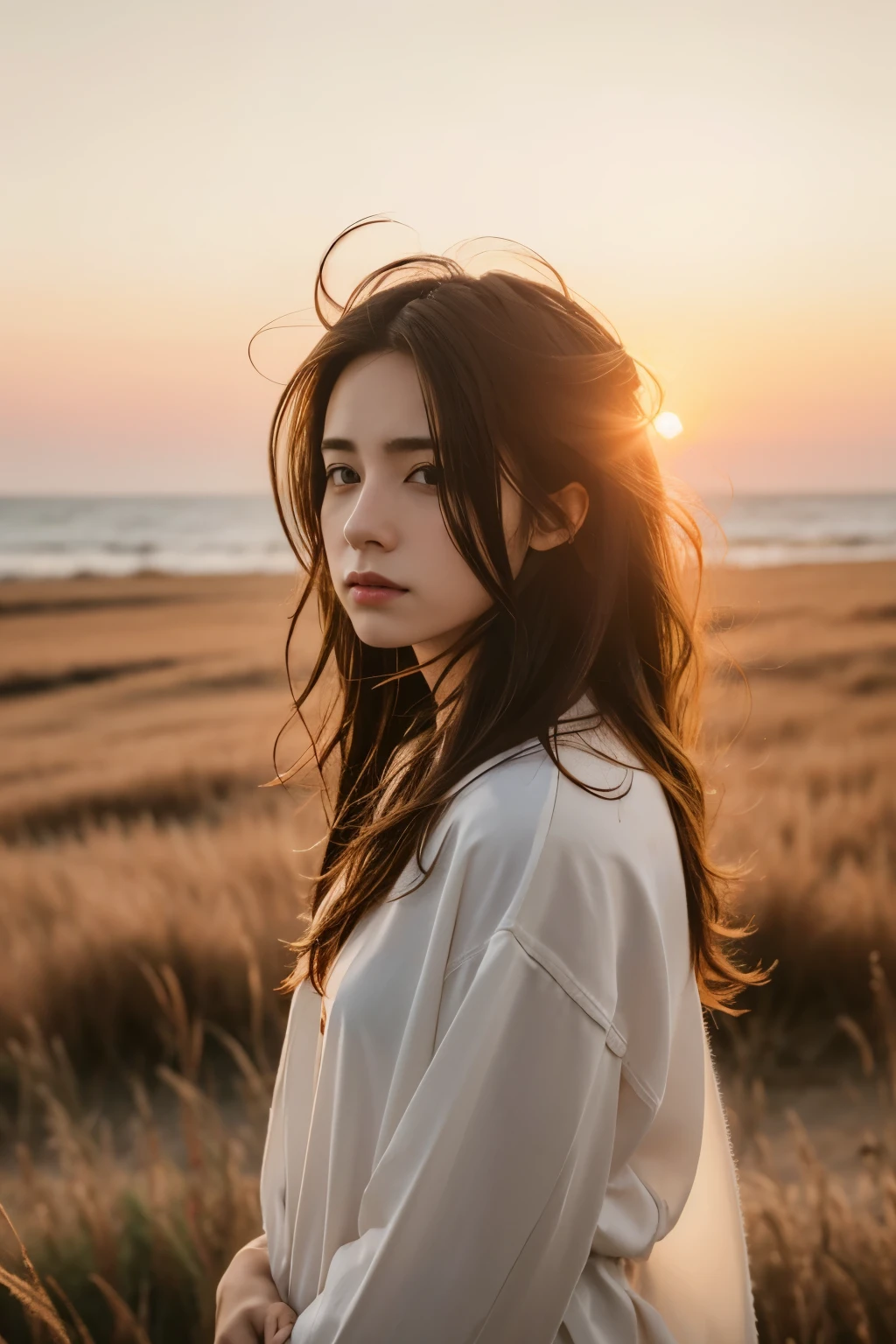 (masterpiece), (best quality), RAW photo, photography, 1girl, portrait, side look portrait, winning award photography, messy hair, windy, outdoor, sunset, phone photo posted to reddit 2022