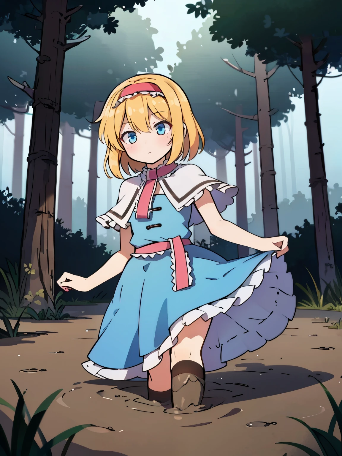 1girl,touhou,(alice margatroid:1.3),1girl,blonde hair, blue eyes, capelet,sash,(frilled hairband,red hairband:1.4), short hair, (long blue dress:1.6), (mud black socks:1.4),a stream running through a forest filled with trees, matte painting v ray, by Erik Pevernagie, mystical forest lagoon, standing in the mystical forest, 1128x191 resolution, an ai generated image, dark fog surrounds him, hyperrealistic image, atmospheric photograph, high resolution print, eery dead swamp setting, very beautiful ambient light,dutch angle,lying,(mud,muddy:1.4)