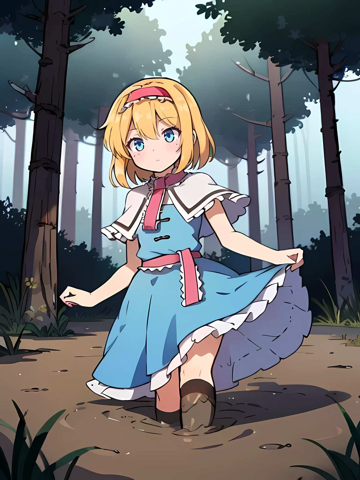 1 girl,East,(alice margatroid:1.3),1 girl,blonde hair, blue eyes, capelet,sash,(frilled hairband,red hair band:1.4), short hair, (Blue Long Dress:1.6), (mud black socks:1.4),wood々A stream flowing through a forest full of trees, Matte Painting V Ray, Eric Pevernagy, mystical forest lagoon, Standing in a mysterious forest, 1128x191 resolution, an ai generated image, A dark fog surrounds him, surreal images, Atmospheric Photography, High-resolution printing, Spooky Dead Swamp Setup, very besautiful ambient light,dutch angle,Liar,(mud,muddy:1.4)