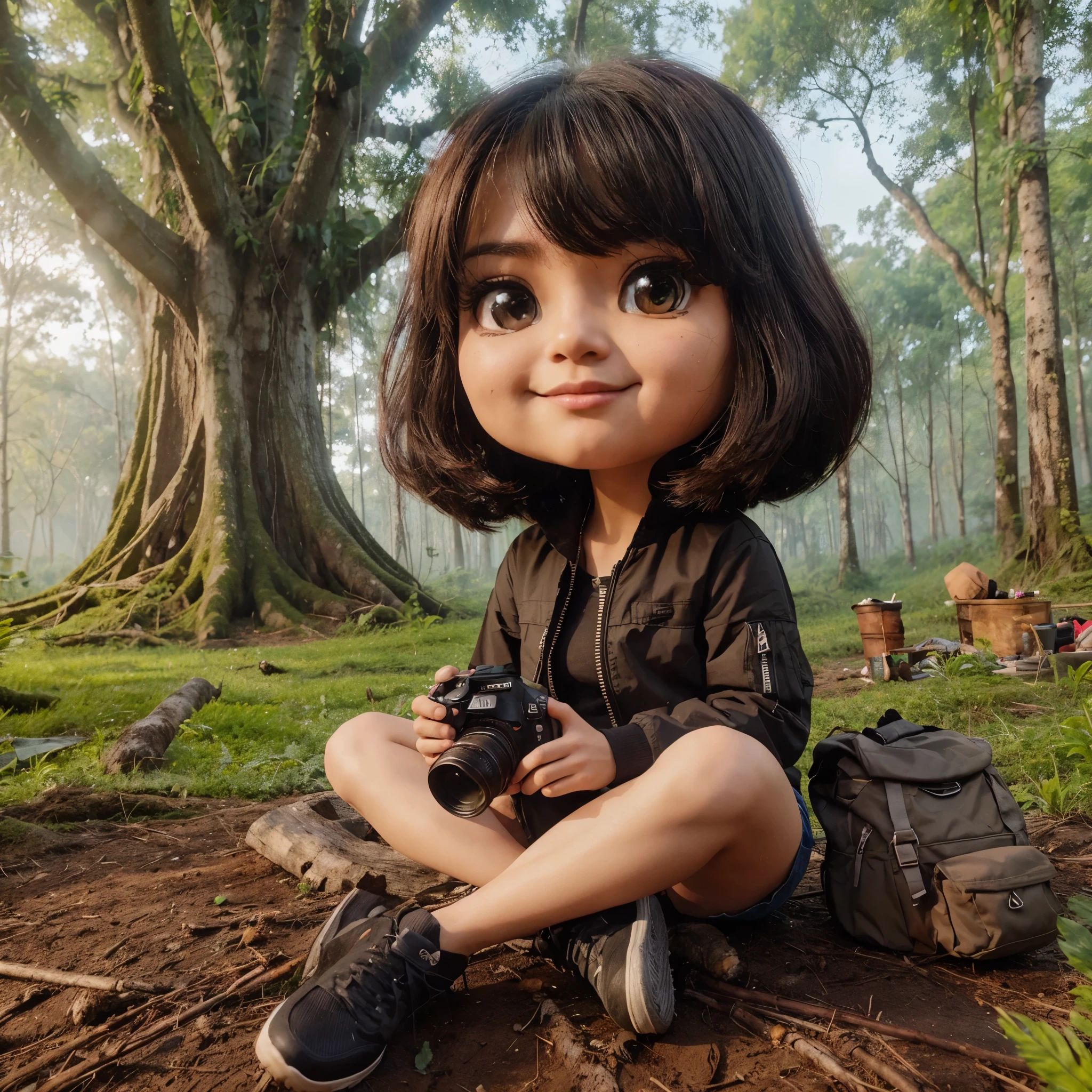karikatur 3d, poto seorang wanita indonesia, rambut sebahu rapi, agak gemuk, berjaket hitam celana pendek, duduk sambil memegang kamera, camping ditengah hutan hujan dan ada pohon besar, dikelilingi banyak pohon dan burung, ultra hd, poto jelas