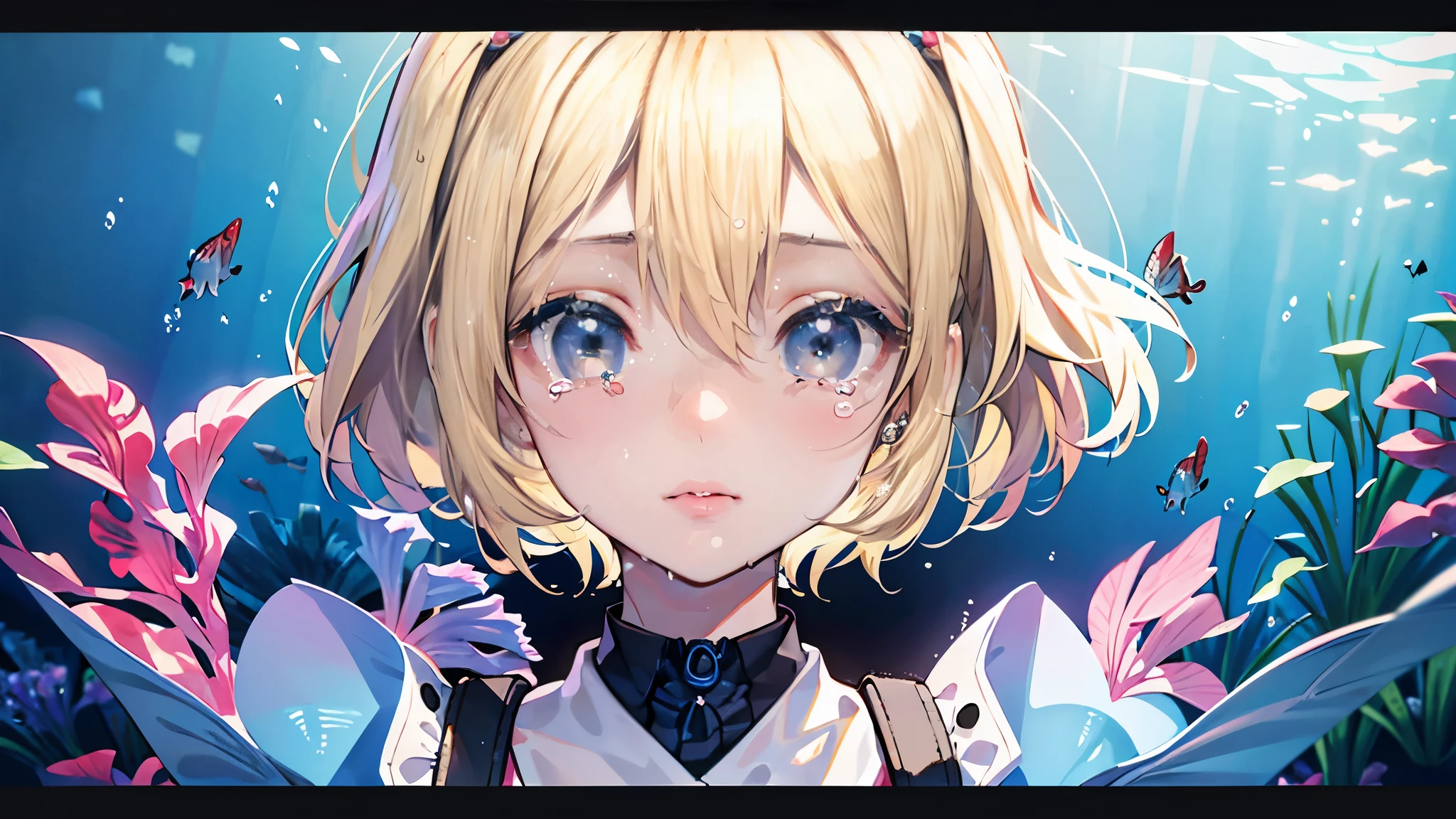 hair bobbles, wince, long eyelashes, solid circle eyes, light smile, ear blush, fang, (((blonde))), ((blue eyes)), makeup, blush, sad, sad smile, drop shadow, anaglyph, atmospheric perspective, 8k, super detail, accurate, best quality, ((((aquarium)))), bright lighting, masterpiece,1girl, ((short blonde)), (short hair), colorful hair, flying, pink bows,((16-year-old female model)), , eye level shot, ((((military)))), close-up, ((portrait))