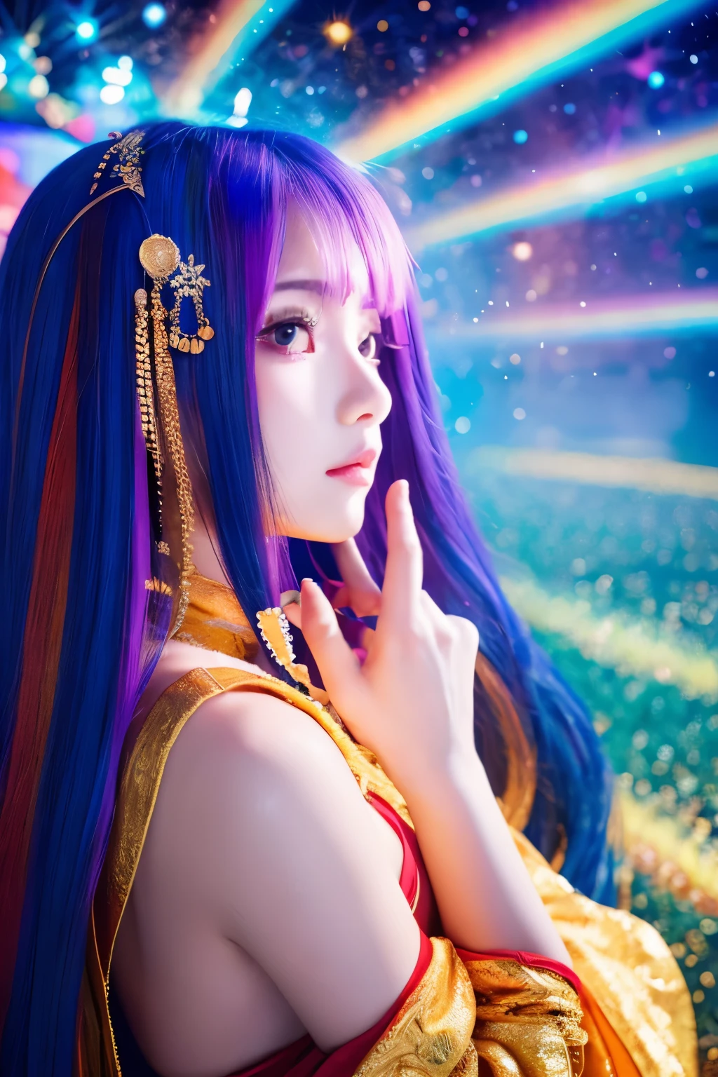 anime girl with space hair、goddess、Spiritual、colorful、Praying