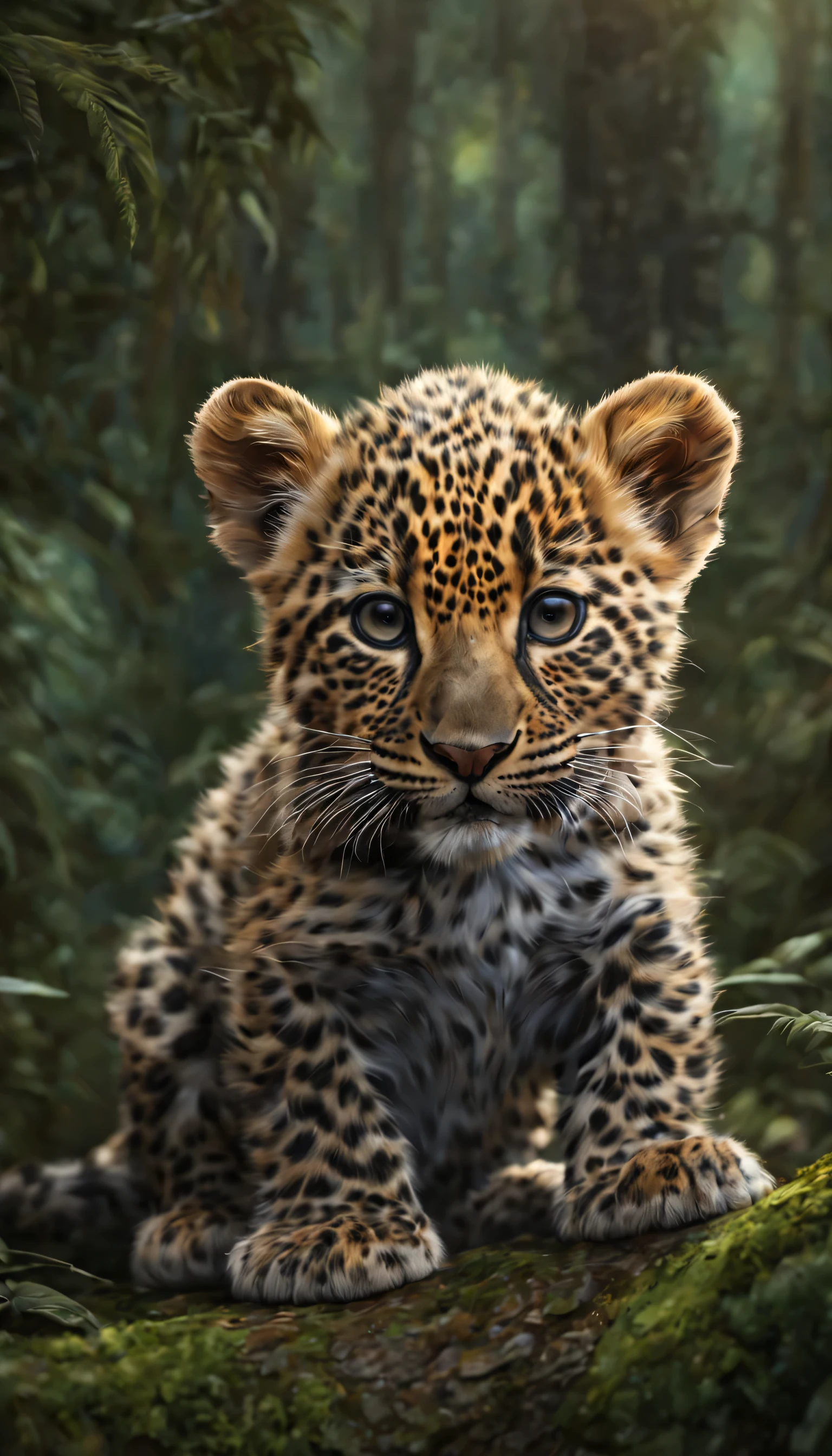 Filhote de leopardo fofo na floresta, By Jonathan & Angie Scott, Andy Biggs e Melissa Groo. trends on artstation, 8k, obra de arte, detalhes ultradefinidos, detalhe fino, cheio de cor, detalhe intrincado, foto premiada, global illumination