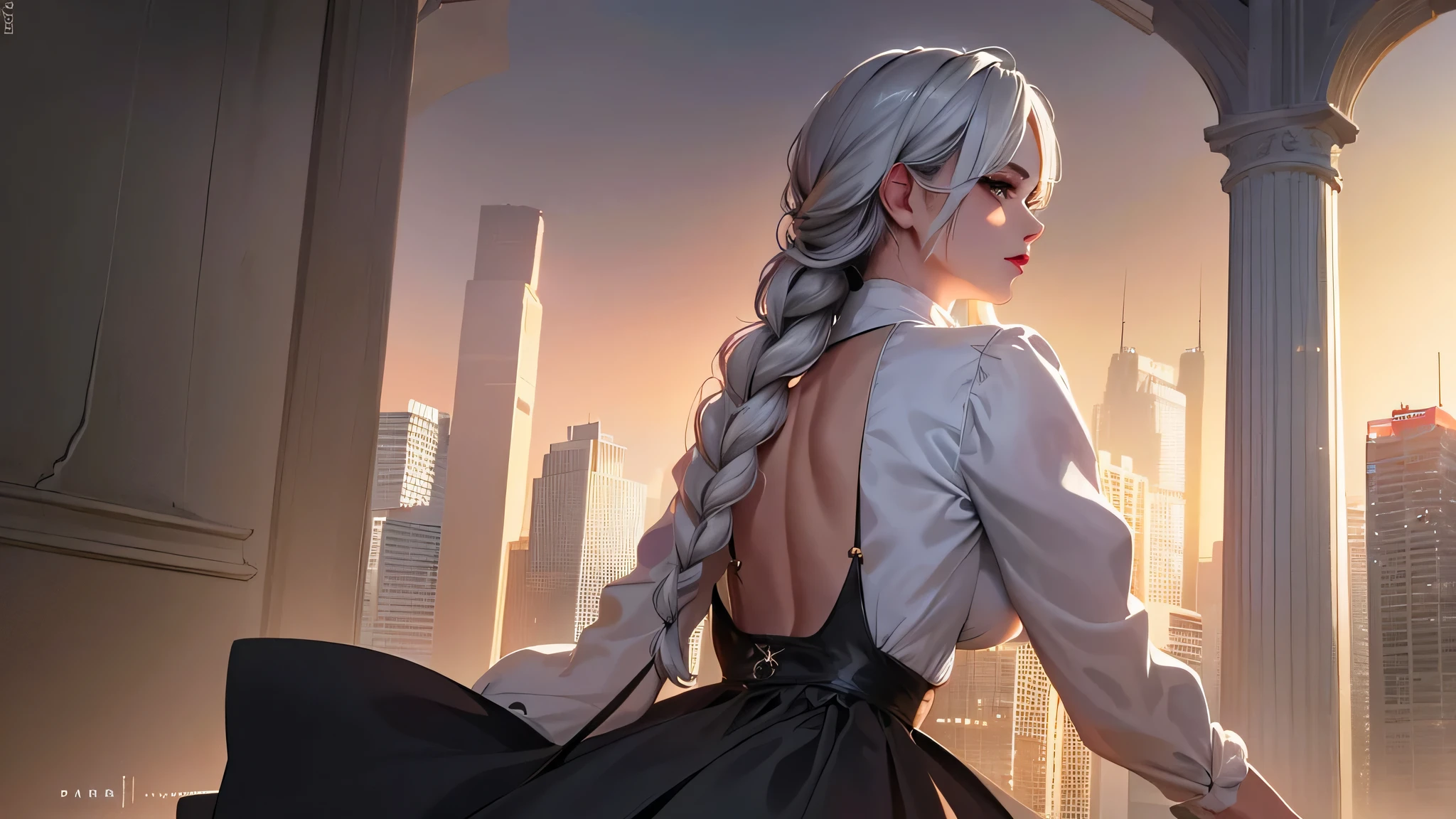 Meimei, shorts, White T-shirt, long hair, White hair, pomade, whole body, Ультра реалистичный 8K CG, masterpiece, ((ultra detailed background, delicate pattern, complex part)), (very detailed, small parts), Best quality, 1 girl, (photorealistic:1.4),beautiful lighting, absurdity, raw photo, granularity, ((medium breasts, slender girl)), 1 girl, Meimei, One, long hair, hair, dress, Hair over one eye, smile, long sleeves, haired bangs, black dress, haired ponytail, White hair, puffy sleeves, holding, turtleneck dress, draw up, White hair, Red lips, one eye is closed, pomade, parted lips, single hair, (complex detailed background, Outside, Urban environment, cowboy shot, behind),