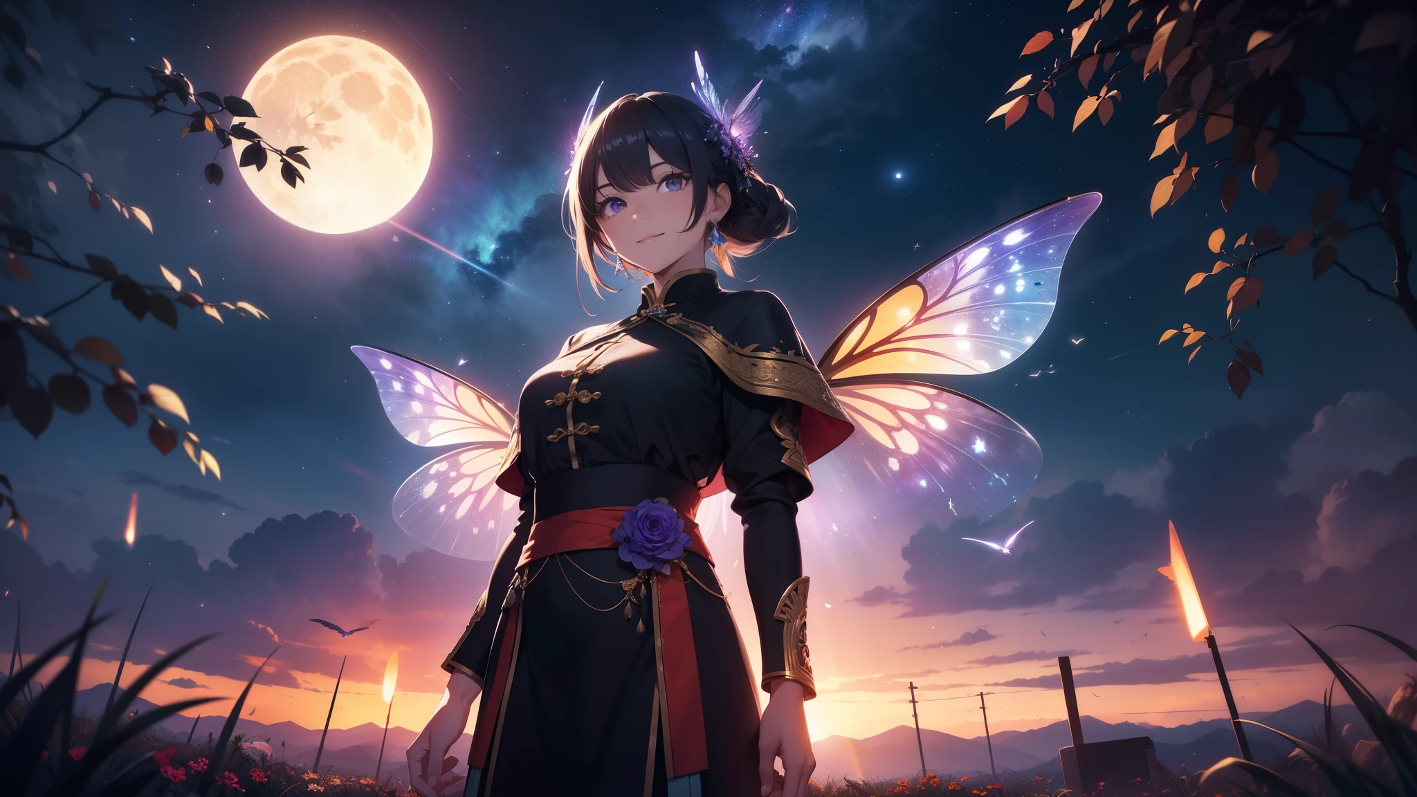 vast landscape photography, (view from below with a view of the sky and wilderness below), standing in a flower field and looking up, (full moon: 1.2), (shooting star: 0.9), (nebula: 1.3), distant mountain, Tree BREAK production art, (warm light source: 1.2), (fire Fly: 1.2), lamp, purple and orange, intricate details, volume lighting, Realism BREAK (masterpiece: 1.2) (highest quality), 4K, super detailed, (moving composition: 1.4), Highly detailed and colorful details, (rainbow colors: 1.2), (shining lighting, atmosphere lighting), dream-like, Magic, (alone: 1.2), Elegant and intelligent classic Chinese woman, Wearing an abdominal belt, Standing at the door with a smile on her face, Her skin is shinier than snow, And her eyes are like a pool of clear water. There is a faint air of books in the air.