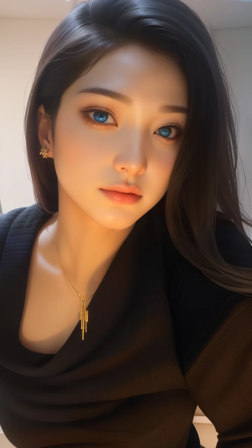 Beautiful big breastokeh), indoors, detailed luxury living room, gentle and charming beautiful goddess, Korean(kpop-idol), solo, necklace, oval face, double eyelids, smart, good hands, good feet, Natural, (from below angle), (glossy skin:1.05), ((low angle)), Perfect figure, (64k, UHD, RAW photo, best quality, masterpiece:1.4), (realistic, photo-realistic:1.37), ultra high res, photon mapping, radiosity, physically-based rendering, professional soft lighting, blue eyes, purpel hair