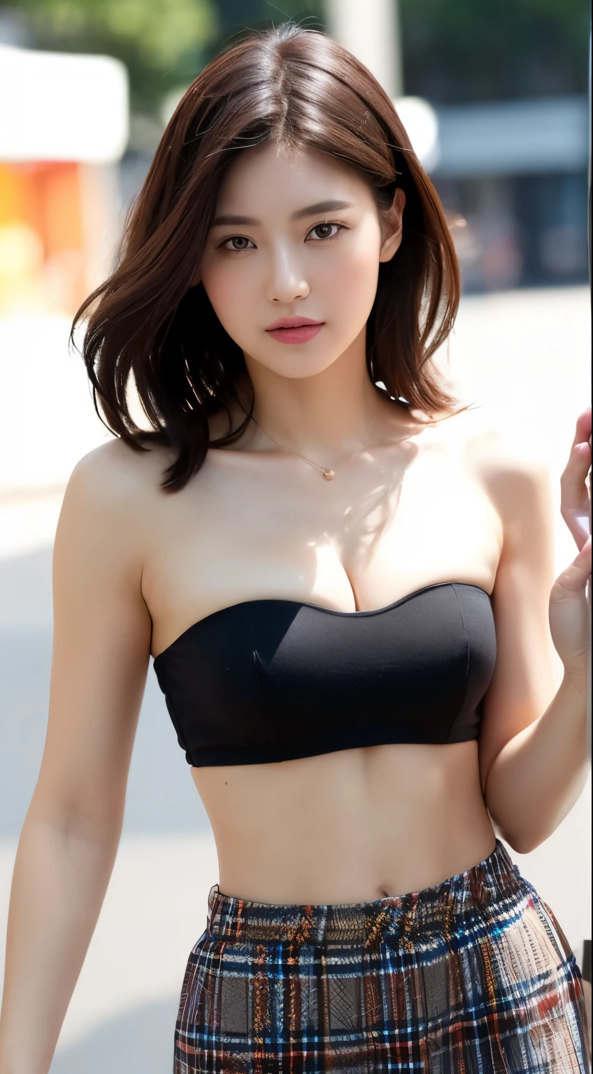 ((realistic lighting, highest quality, 8K, masterpiece, medium shot: 1.3)), clear focus: 1.2, 1 girl, perfect figure: 1.4, slim abs: 1.1, ((dark brown hair)), (strapless black tube top: 1.4), (outdoor, night: 1.1), street, super fine face, fine eyes, double eyelid,(tartan check miniskirt), holding a smartphone and pointing it at the camera,