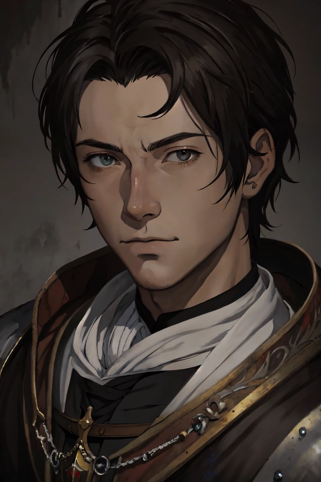 there is a painting of a man, portrait style,  drawn and painted in high resolution, Dark Souls, Miyazaki inspired, medieval anime portrait, a man of some renown, 