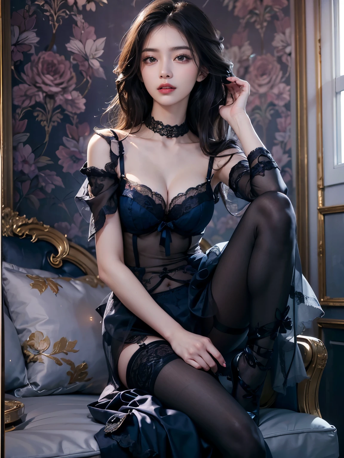 ,(best quality, masterpiece, ultra detailed, ultra high res, photorealistic, raw photo, absurdres, absolutely resolution:1.4),(best quality color photo of a mysterious beautiful woman in navy lingerie , haute couture fashion shoot, Advertising photo for luxury lingerie brand,:1.3),(An extremely delicate and beautiful work:1.2),Brake French luxury lingerie brand, The brand concept is that lingerie gives women beauty, femininity, and confidence, Brake The design is bold, sensual, and romantic, The design features delicate lace and exquisite curves that cannot be imitated anywhere else, Lingerie that makes a woman's body shine and makes her feel passionate, All ranked highest in the world, The ultimate lingerie that women all over the world aspire to, very delicate lace lingerie, sexy lingerie, elegant and sophisticated fashion, Brake The woman is a 28-year-old actress from Taiwan, global super model ,she is the embodiment of beauty and allure, A very beautiful and sexually attractive woman, sensual and seductive, asian beauty, Brake elegant pose, glamorous fashion pose, (professional lightning) , (her flowing hair cascades gracefully, perfectly complemented by tasteful and elegant makeup:1.2), black hair, detailed face, looking at viewer, detailed eyes, black eyes, lustrous lips ,cleavage, (large breasts:1.1), nipple ,(beautiful figure, Perfect female body,:1.2), skinny physique, Gentle and enigmatic expression, High color saturation,