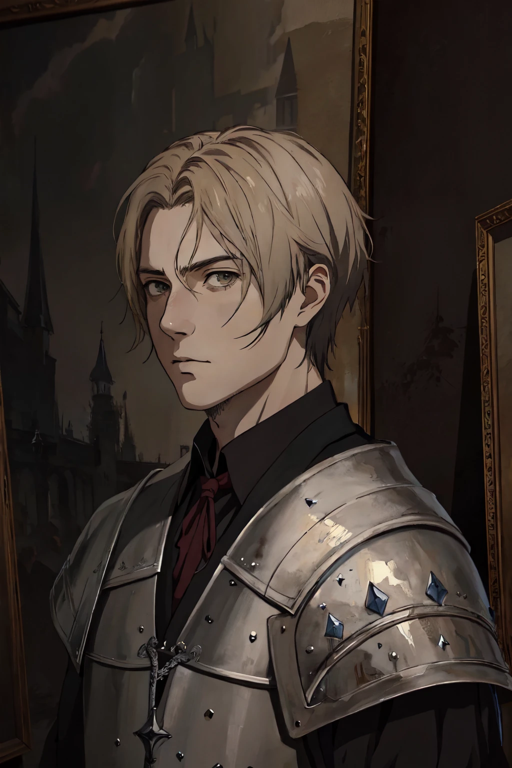 there is a painting of a man, portrait style,  drawn and painted in high resolution, Dark Souls, Miyazaki inspired, medieval anime portrait, a man of some renown, 