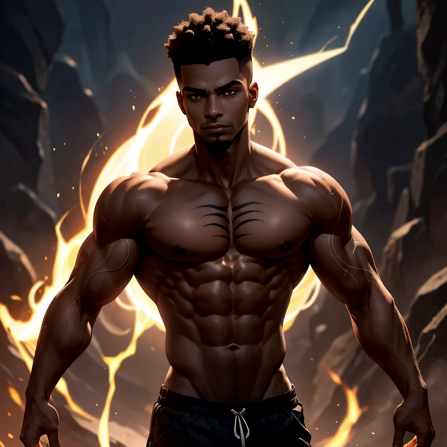 Darklight, um garoto de escleras luz flamejantes e pupilas negras que chegam a brilhar o tom negro intensos ! Cabelos longos e super negros , olhar bravo que transmite medo , brinquinhos de cruzes nas orelhas , body with a slim but defined physique full of veins on his arms and light brown skin , a tattoo of the dark power itself and light on his left chest , around his entire body there is a great and immense black aura and at his core there are flaming rays of light transcending.