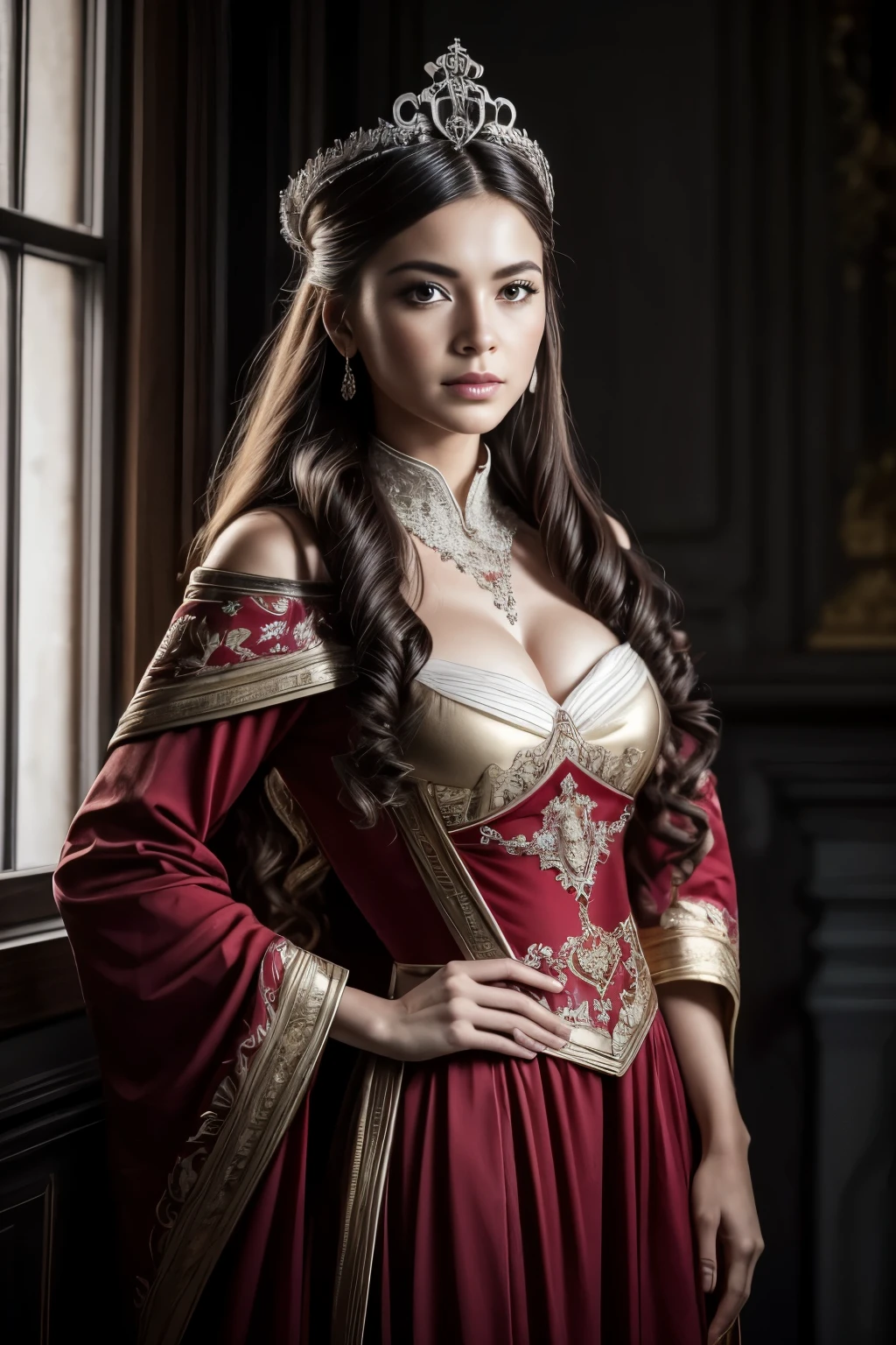 A full-length portrait of an Irish woman with red hair styled shaved on the side, an ornate tiara on her head. Photography captured in stunning 8k resolution and raw format to preserve the highest quality of details. The woman's beauty is exotic and undeniable, an empress with a serious look and freckles on her skin. She wears a red ceremonial dress with some delicate embroidered details that complement her imposing and superior pose, all portrayed with meticulous attention to detail, showing the perfection and maturity in her face with a menacing but delicate features and hyper-detailed penetrating eyes. The photograph is taken with a lens that frames the entire body, challenging the look, and the setting is a fantastic environment with a cherry tree with many hairs falling down, the luminosity of the environment highlights the vibrant colors of the scene. The lighting and shadows are expertly crafted to highlight the rich detail in her freckled skin and the grandeur of an empress. Her red hair, with distinct variations in tone, stands out, complementing the complexity of details on her beautiful freckled skin. The ambiance of the scene adds a sense of royalty, highlighting the authority of an empress. The overall composition captures its essence with authenticity and grace. Photography by defiance512, using the best shadow and lighting techniques, to create a mesmerizing portrait that transcends the visual.