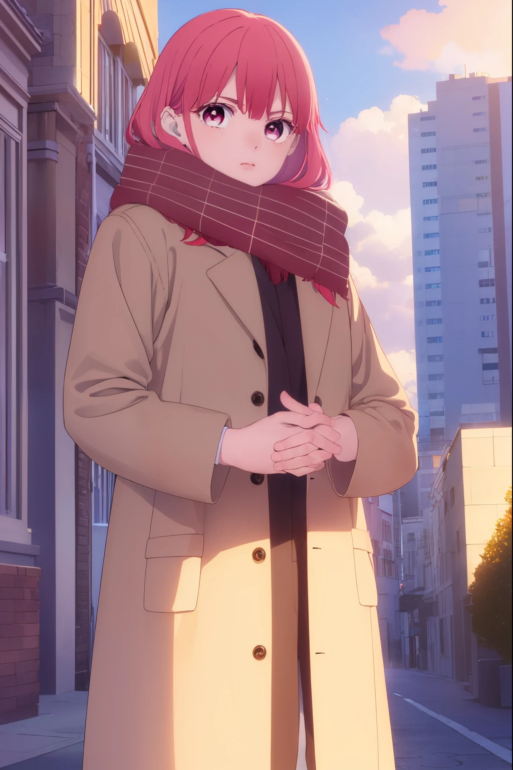 yukiitose, yuki itose, long hair, pink hair, red hair, (pink eyes:1.3),
BREAK long sleeves, scarf, coat, brown coat,
BREAK outdoors, city, snow, snowflake, sun, clouds,
BREAK looking at viewer, (cowboy shot:1.5),
BREAK (masterpiece:1.2), best quality, high resolution, unity 8k wallpaper, (illustration:0.8), (beautiful detailed eyes:1.6), extremely detailed face, perfect lighting, extremely detailed CG, (perfect hands, perfect anatomy),