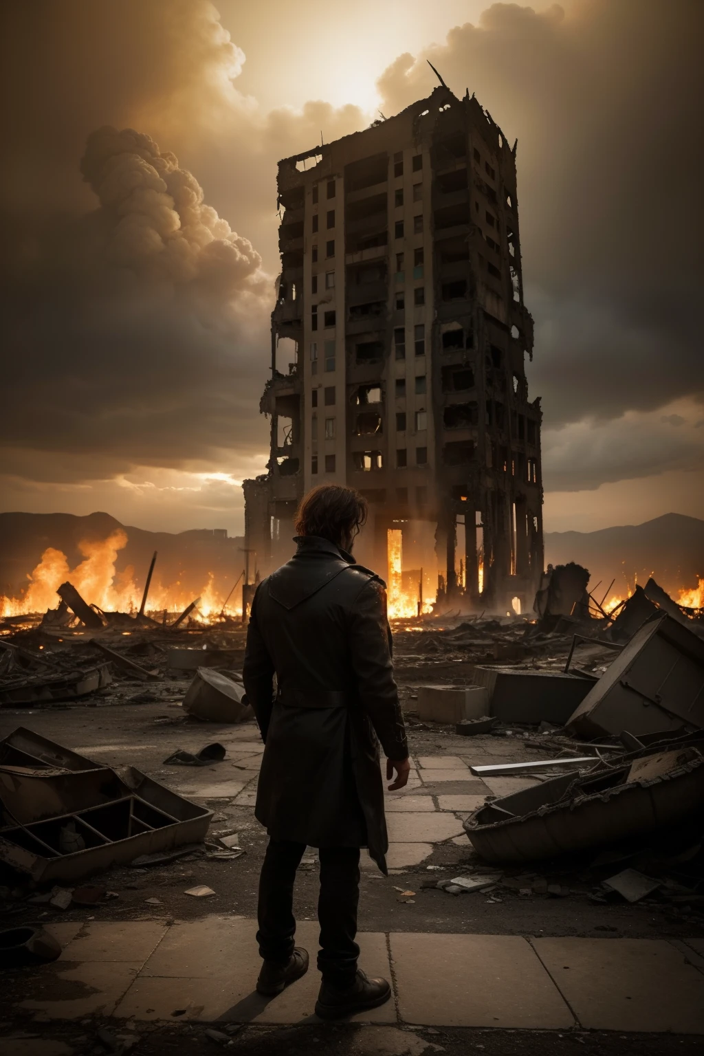 a scared man walking down a road towards a car in a red sunset, End of the World, End of the World, ominous apocalyptic background, acid rain, falling meteor, apocalyptic atmosphere, The End of the World, apocalypse art, ! landscape of the apocalypse!!, harrowing apocalyptic atmosphere, apocalyptic art, landscape of the apocalypse!!!!!, apocalyptic sky, bottom of hell, dramatic sci-fi film still, The World on Fire. Red background