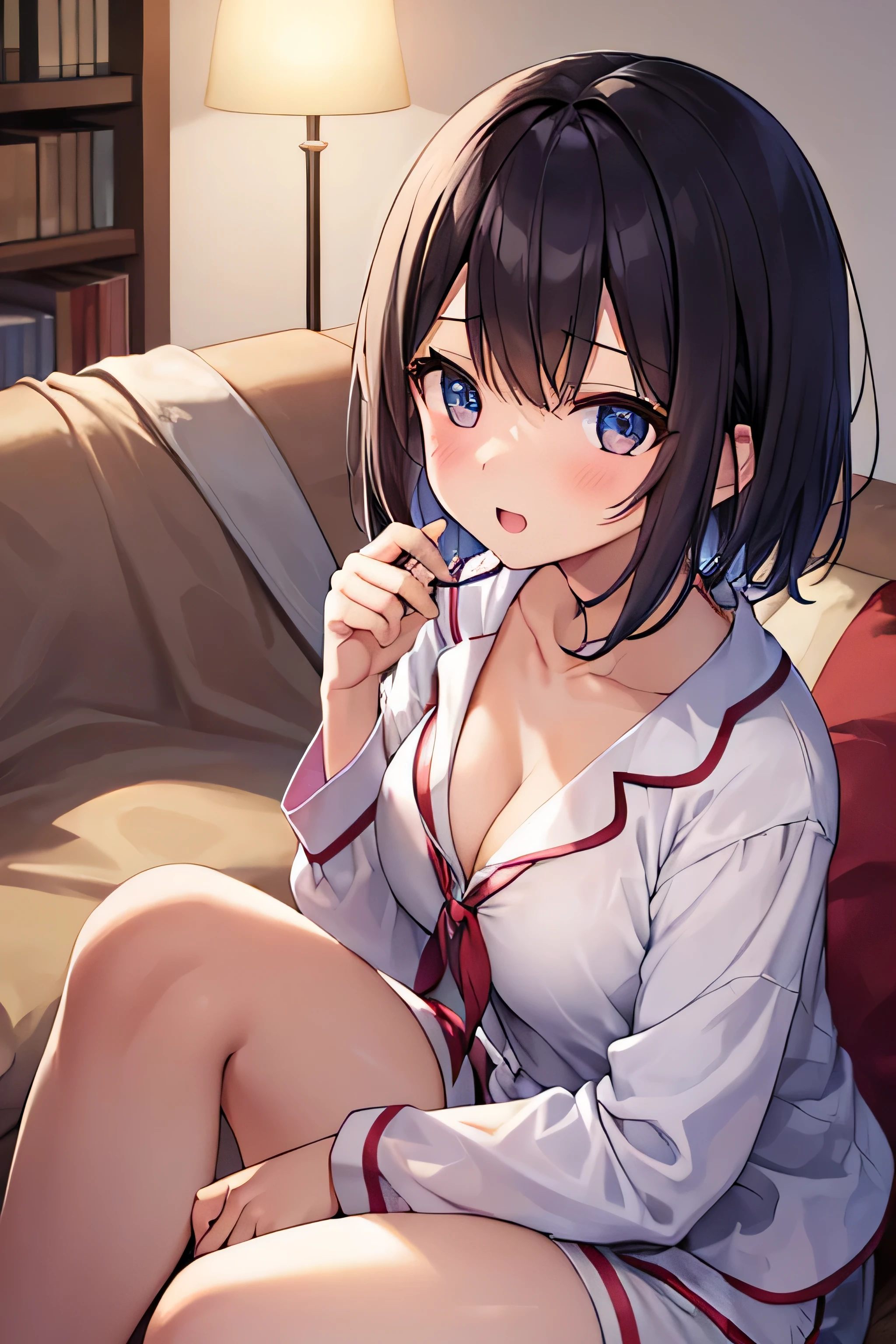 masterpiece、Highest image quality、ultra high resolution、NSFW、big breasted girl、short hair、red face、shyly、mock、Please open your mouth just a little、Pajamas that show cleavage for elementary schoolrts for elementary school girls、sitting onthe living room at night、at night