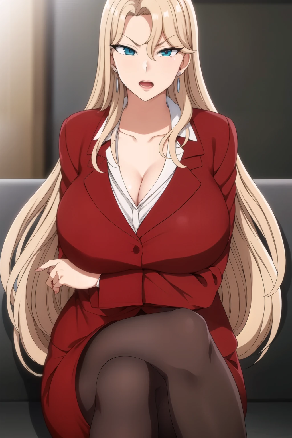 simply white background,looking down, hands_on_hips, crossed_legs, 
(Red_jacket:1.2),long_sleeve,Heart_necklace,White shirt, collaRed shirt,
split, clavicle,
pantyhose, pencil skirt,
earrings, jewelry,gem,
Bangs, blonde_hair, blue_Eye, long_hair,
1 girl, 20 years,young women,beautiful Finger,beautiful long legs,beautiful body,
beautiful Nose,beautiful character design, perfect Eye, perfect Face,expressive Eye,Perfect balance,
looking at the audience,(Focus on her Face),Keep your mouth shut, (Innocent_big deal_Eye:1.0),(Light_Smile:0.3),
official art,Extremely detailed CG unified 8k wallpaper, perfect lighting,rich and colorful, bright_front_Face_Lighting,White skin,
(masterpiece:1.0),(the best_quality:1.0), 超high resolution,4K,Super detailed,
photography, 8k, human development report, high resolution, ridiculous:1.2, Kodak Portrait 400, film grain, blurred background, Bokeh:1.2, 镜头Light晕, (energetic_color:1.2),Professional photos,
(beautiful,big deal_breast:1.4), (beautiful_Face:1.5),(narrow_waist),