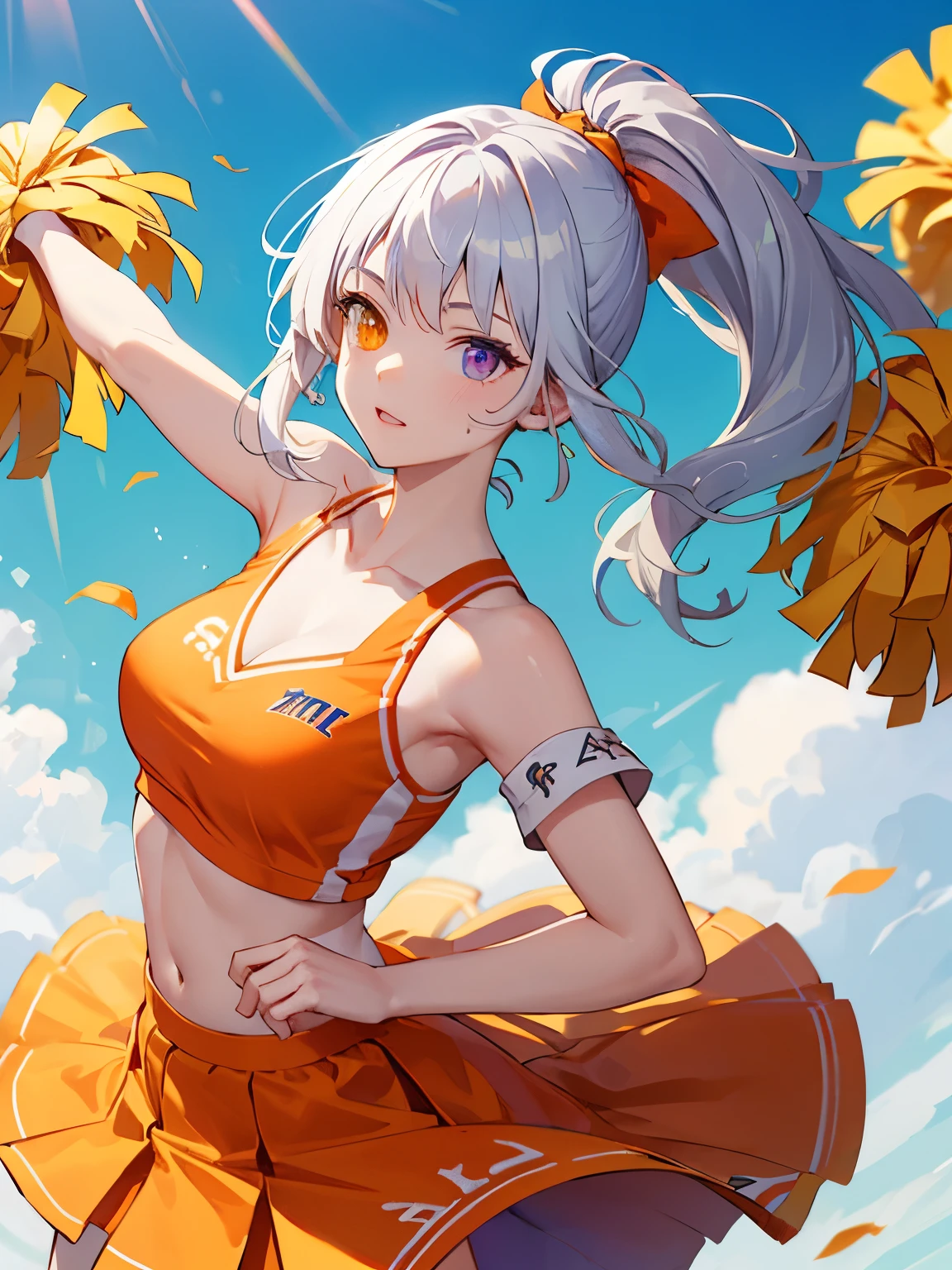 silver hair, ponytail , The Perfect Face, Holding a large sword in hand, Clear skies, heart eyes, pretty girl, orange cheerleading uniform,  clavicle,   Heterochromia, mature face ,  Clear picture, Dancing pose, orange skirt, orange tee, purple hair tie