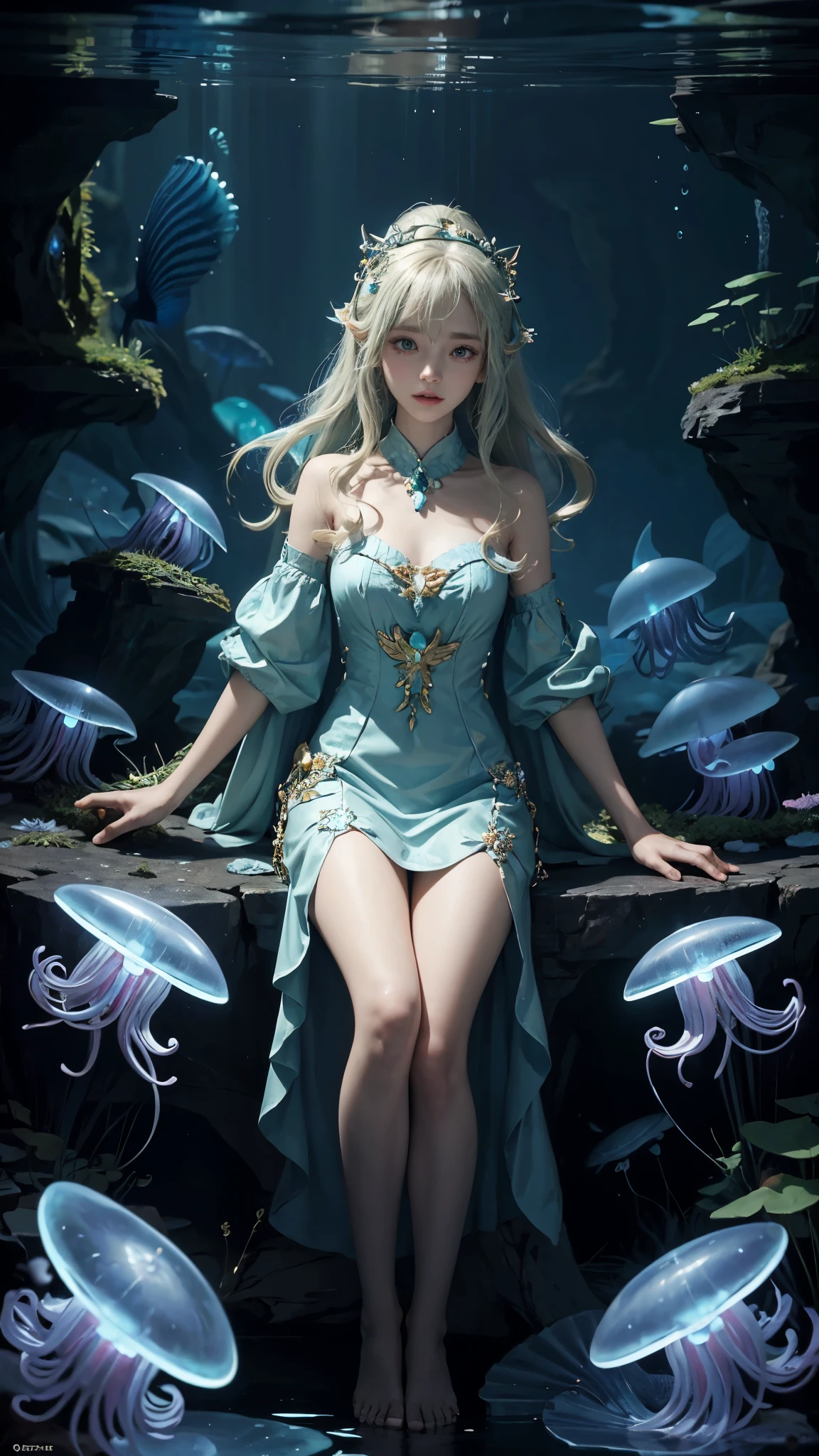 masterpiece,best quality,ultra detailed,anime style,Within the depths of an enchanted cavern,a mermaid girl with bioluminescent scales forms an unlikely alliance with a curious jellyfish companion. Together,they explore the mysterious underwater world,revealing hidden treasures,