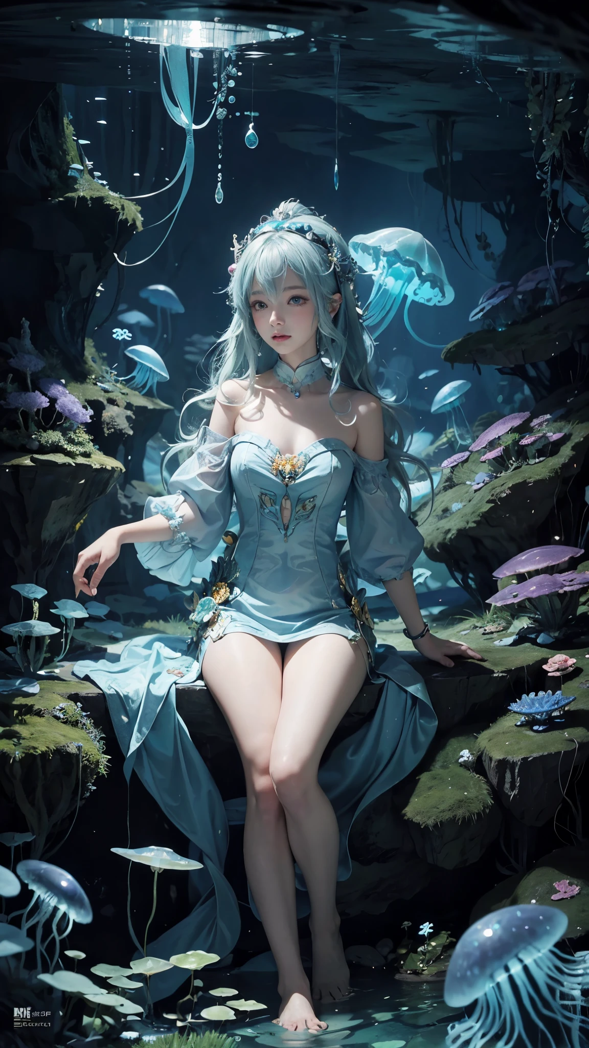 masterpiece,best quality,ultra detailed,anime style,Within the depths of an enchanted cavern,a mermaid girl with bioluminescent scales forms an unlikely alliance with a curious jellyfish companion. Together,they explore the mysterious underwater world,revealing hidden treasures,