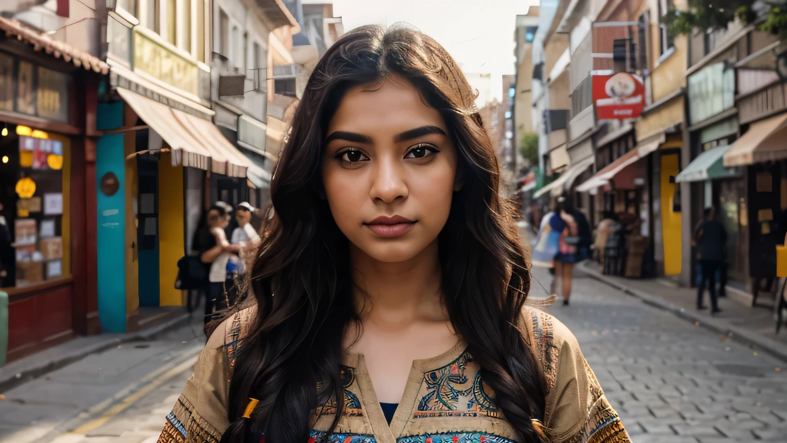 ultra-realistic photographs, Indian Instagram female model, mid 20s,9:16, mid- shot, beautiful detailed eyes, detailed lips, longeyelashes, long black wavy hair, naturally full eyebrows, perfectly formed nose, expressive face, attractive appearance, candid photo, vibrant and colorful frock, heavily embroidered, golden hour street background, serene atmosphere, stunning architecture, soft and natural lighting,vivid colors, photorealistic, HDR, highres, studio lighting, ultra-detailed, bokeh, fully covered clothes