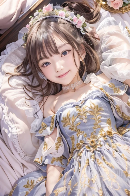 Masterpiece, Top Quality, Highly Detailed, Dress, Alone, ((Contrasting Eyes)),
  (lying down), (spreading legs), arms raised, armpits, from above, smiling, bedroom