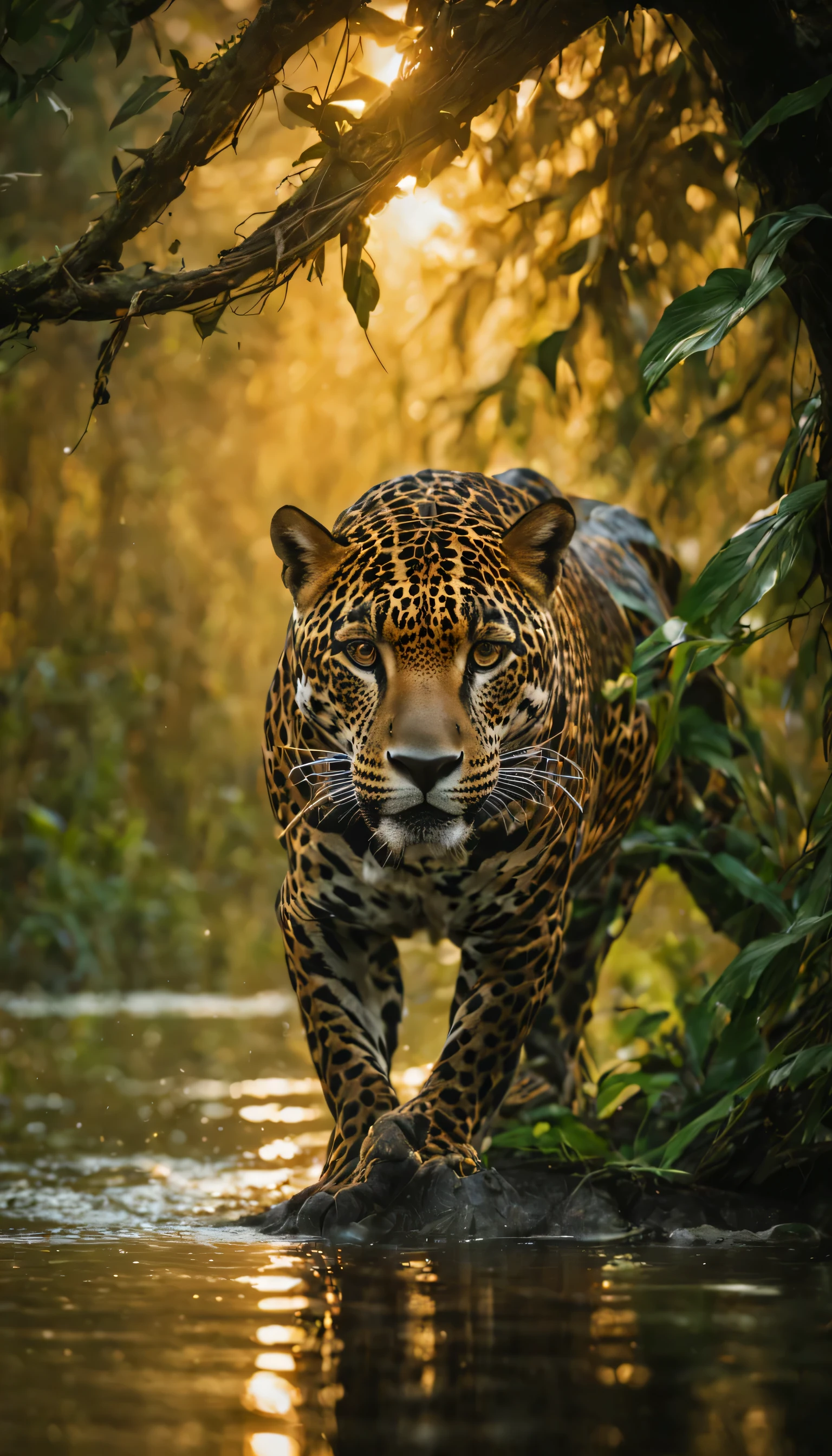 Photo of a jaguar hiding among branches and leaves watching a crocodile in the National Geographic Award-winning wildlife river. Amazon rainforest on a sunset day, full body view, altamente detalhado, high resolution, olhando para o espectador com uma gaze intensa, predatory, olhos hiper detalhados, sharp focus, luz natural