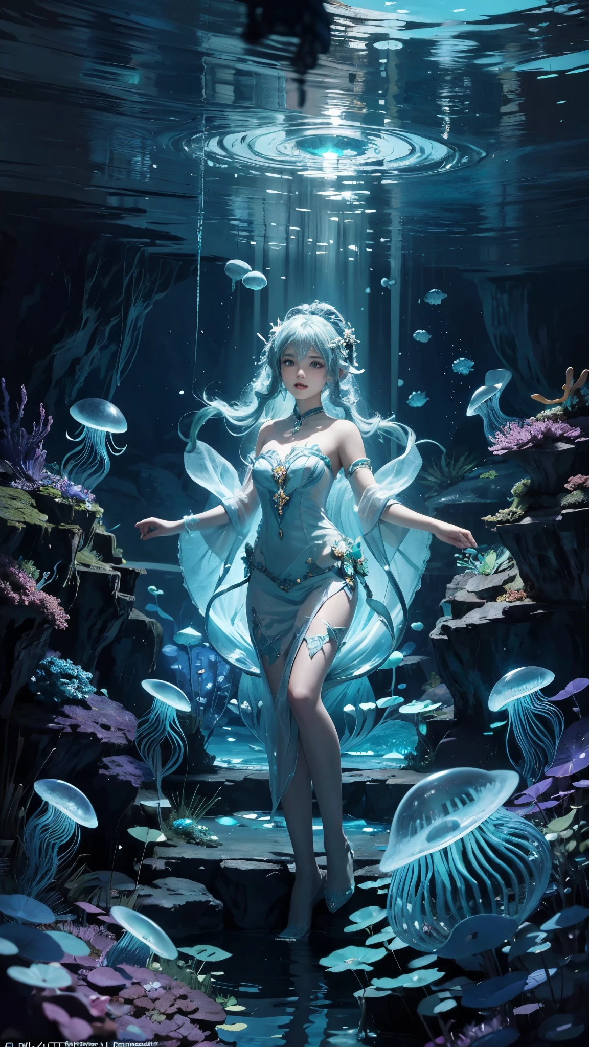 Breathtaking 8K, Masterpiece, Beautiful woman, Long (Bioluminescent dress), full bodyesbian, ((At the bottom of the sea)),Lots of bubbles, ((Underwater)), ((Fish)), (Caustics), voluminetric lighting, Light rays