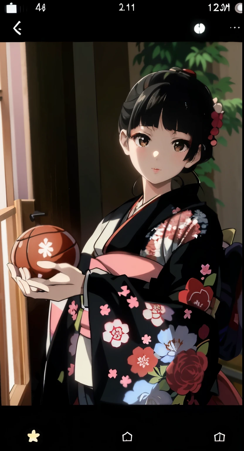 there is a young girl in a kimono holding a basketball, of a youthful japanese girl, traditional japanese, in kimono, in a kimono, yukata clothing, classy yukata clothing, wearing a kimono, wearing kimono, japanese kimono, wearing royal kimono, japaneese style, japanese clothes, of a youthful japanese beauty, japanese model