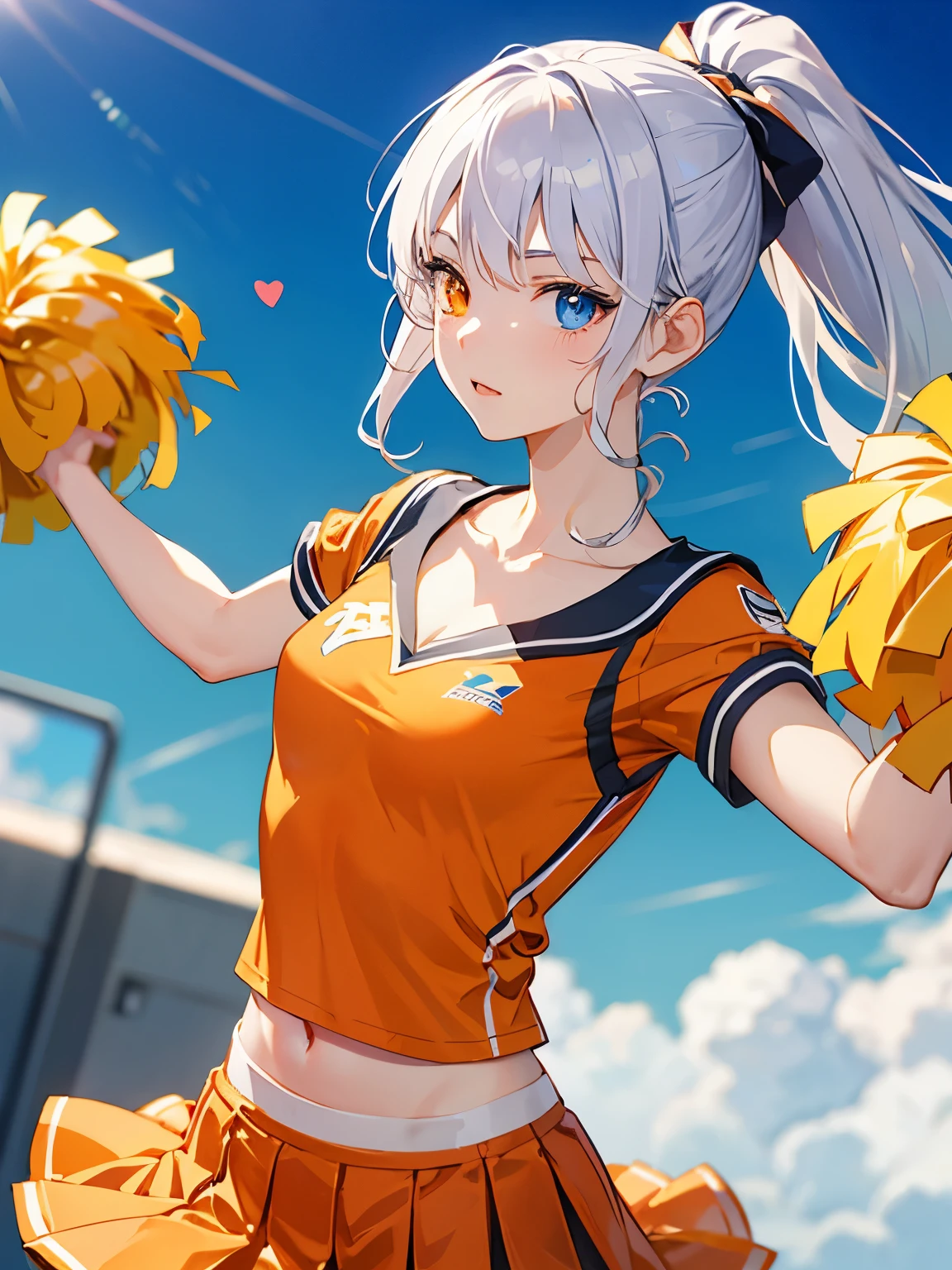 silver hair, ponytail , The Perfect Face,  Clear skies, heart eyes, pretty girl, orange cheerleading uniform,  clavicle,   Heterochromia, mature face ,  Clear picture, Dancing pose, orange skirt, orange tee, purple hair tie
