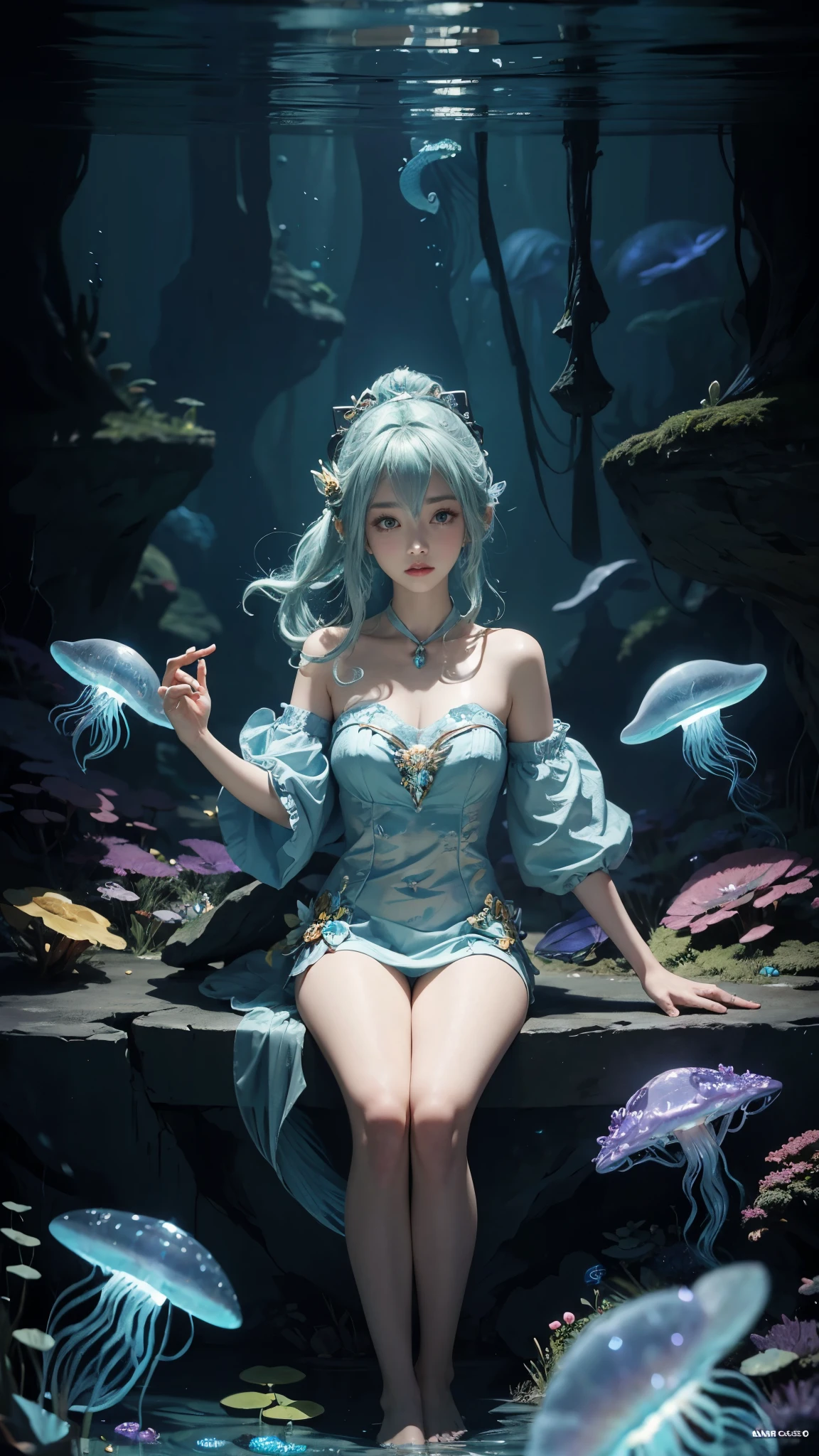 masterpiece,best quality,ultra detailed,anime style,Within the depths of an enchanted cavern,a mermaid girl with bioluminescent scales forms an unlikely alliance with a curious jellyfish companion. Together,they explore the mysterious underwater world,revealing hidden treasures,