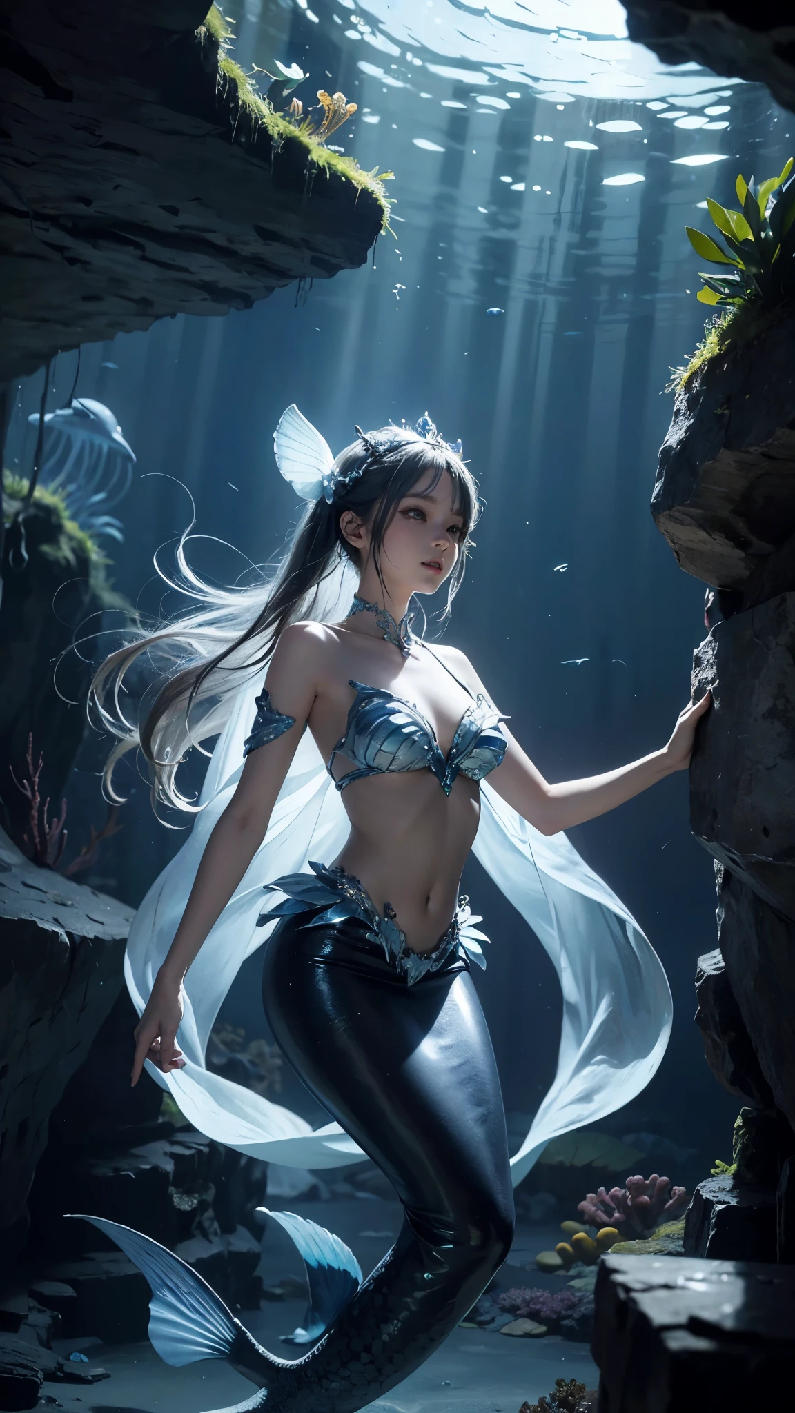 masterpiece,best quality,ultra detailed,anime style,Within the depths of an enchanted cavern,a mermaid girl with bioluminescent scales forms an unlikely alliance with a curious jellyfish companion. Together,they explore the mysterious underwater world,revealing hidden treasures,