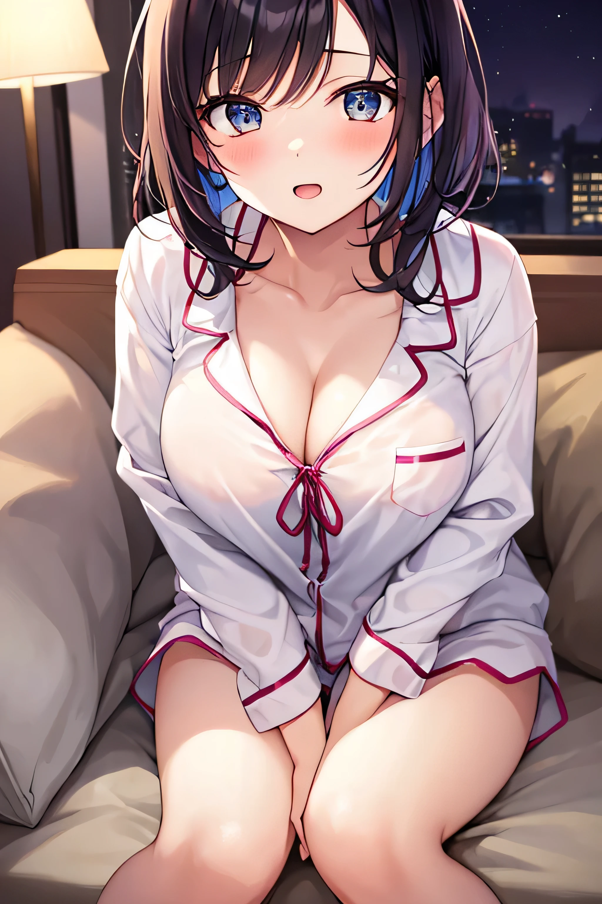 masterpiece、Highest image quality、ultra high resolution、NSFW、big breasted girl、short hair、red face、shyly、mock、Please open your mouth just a little、Pajamas that show cleavage for elementary schoolrts for elementary school girls、sitting onthe living room at night、at night