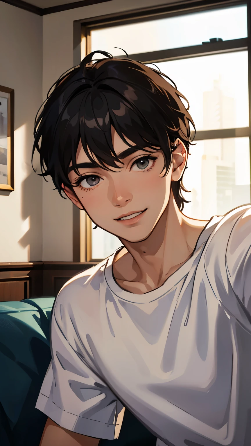 man, young man, man's black hair, black eyes, plain white t-shirt, selfie, sitting on the sofa, night, realistic room lights, soft light, camera filter, smile, extremely detailed