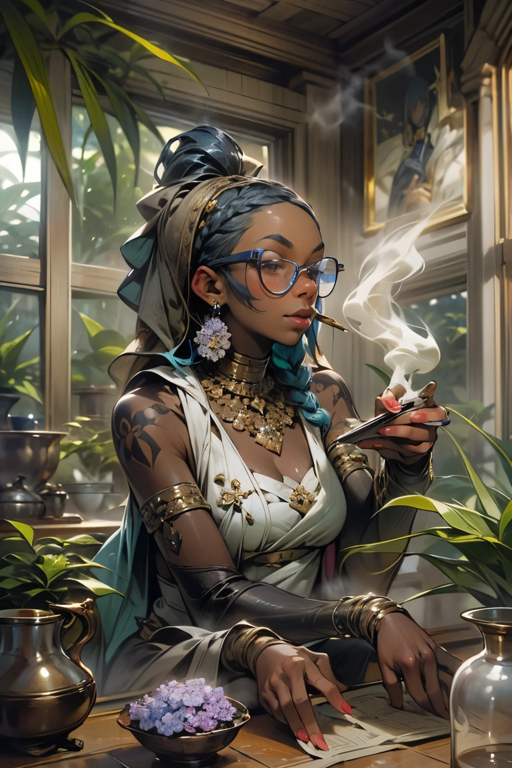 ((determined ((dark-skinned ((Haitian)) female exorcist with freeform braided hairstyle wearing glasses)) rolling up herbal joint while waiting for tea to boil, (wearing detailed flowing outfit), (cannabis flower tattoos on arms and legs), high quality photo, relaxing and smoking in the kitchen (with copious tall cannabis sativa plants and hydrangeas surrounding scene with foggy sunrise visible through large glass window), masterpiece, highly detailed, perfect face