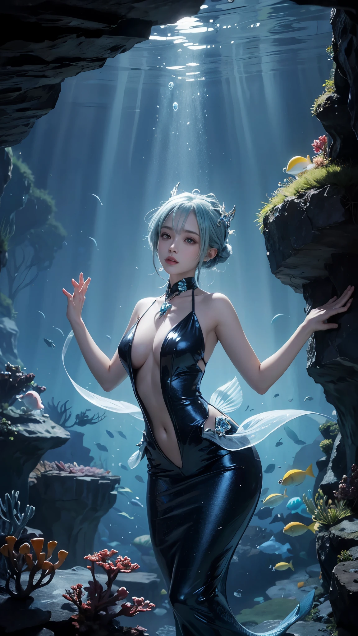 masterpiece,best quality,ultra detailed,anime style,Within the depths of an enchanted cavern,a mermaid girl with bioluminescent scales forms an unlikely alliance with a curious jellyfish companion. Together,they explore the mysterious underwater world,revealing hidden treasures,