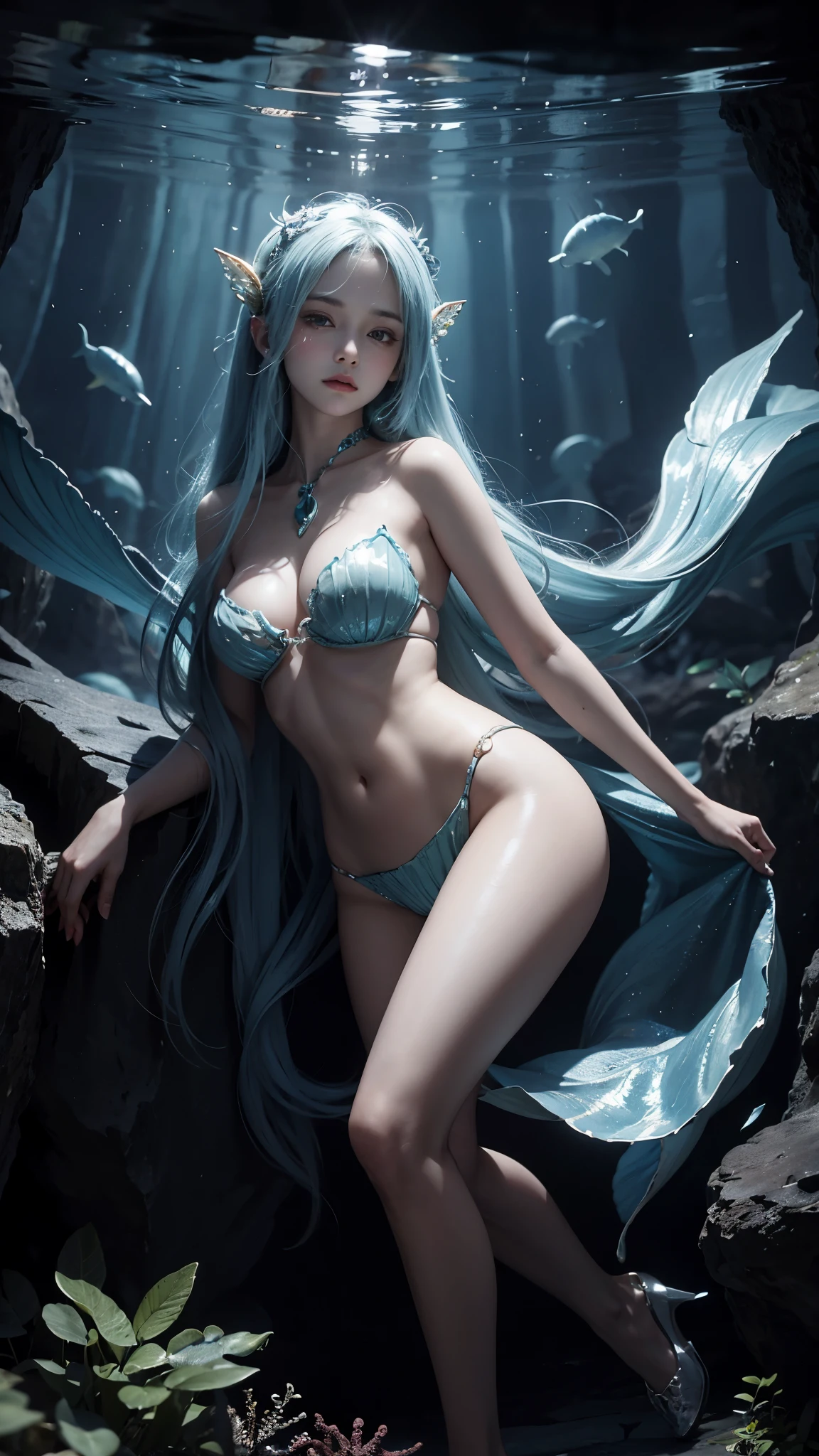 masterpiece,best quality,ultra detailed,anime style,Within the depths of an enchanted cavern,a mermaid girl with bioluminescent scales forms an unlikely alliance with a curious jellyfish companion. Together,they explore the mysterious underwater world,revealing hidden treasures,