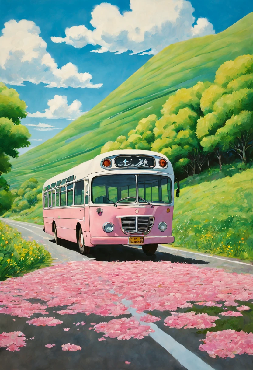 (((best quality)))), Realistic, authentic, beautiful and amazing landscape with a bus on the road oil painting Studio Ghibli Hayao Miyazaki pasture petals with blue sky and white clouds, no humans. A bus journeys west, the windshield flashing pink, pink glancing off of metal, brushing the dented flank of blue, beat-up enamel, Studio Ghibli
