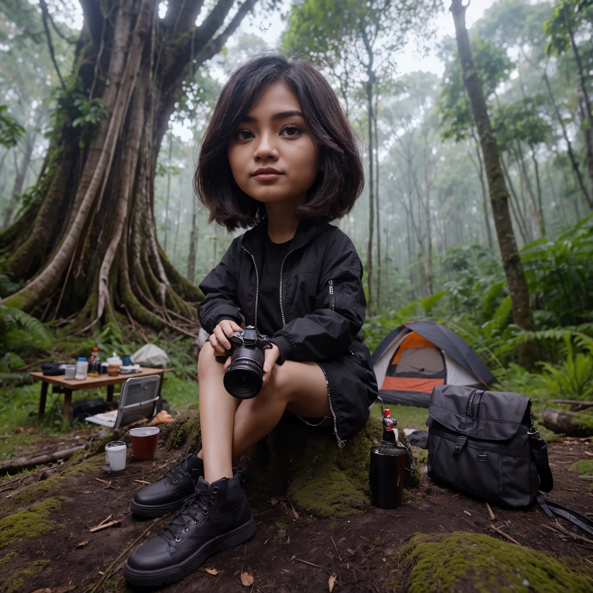 karikatur 3d, poto seorang wanita indonesia, rambut sebahu rapi, agak gemuk, berjaket hitam celana pendek, duduk sambil memegang kamera, camping ditengah hutan hujan dan ada pohon besar, dikelilingi banyak pohon dan burung, ultra hd, poto jelas