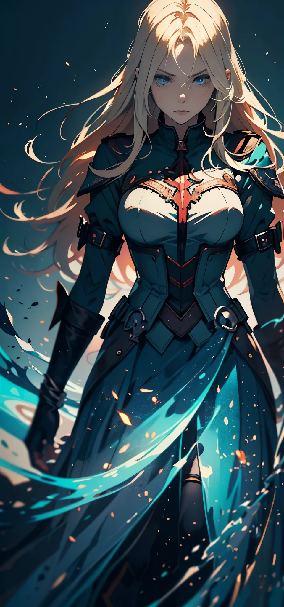 Digital illustration, anime character, princess of 18th century militaristic empire wearing ceremonial regal military attire, majestic, respected, feared, blonde hair, blue eyes, beautiful, elegance, cold blood, emotionless, evil, standing imperiously with a dark castle background. Art Styles: hyper-detailed anime, ultra-realistic anime. Art Inspirations: Art Station, Dribble, Behance, Deviantart. Camera: medium telephoto, Shot: medium shot, Render Related Information: (high resolution:1.5), (intricate details:1.25), (HDR:1.2), (cinematic anime:1.3), (dark and moody atmosphere:1.2), (powerful aura:1.15).