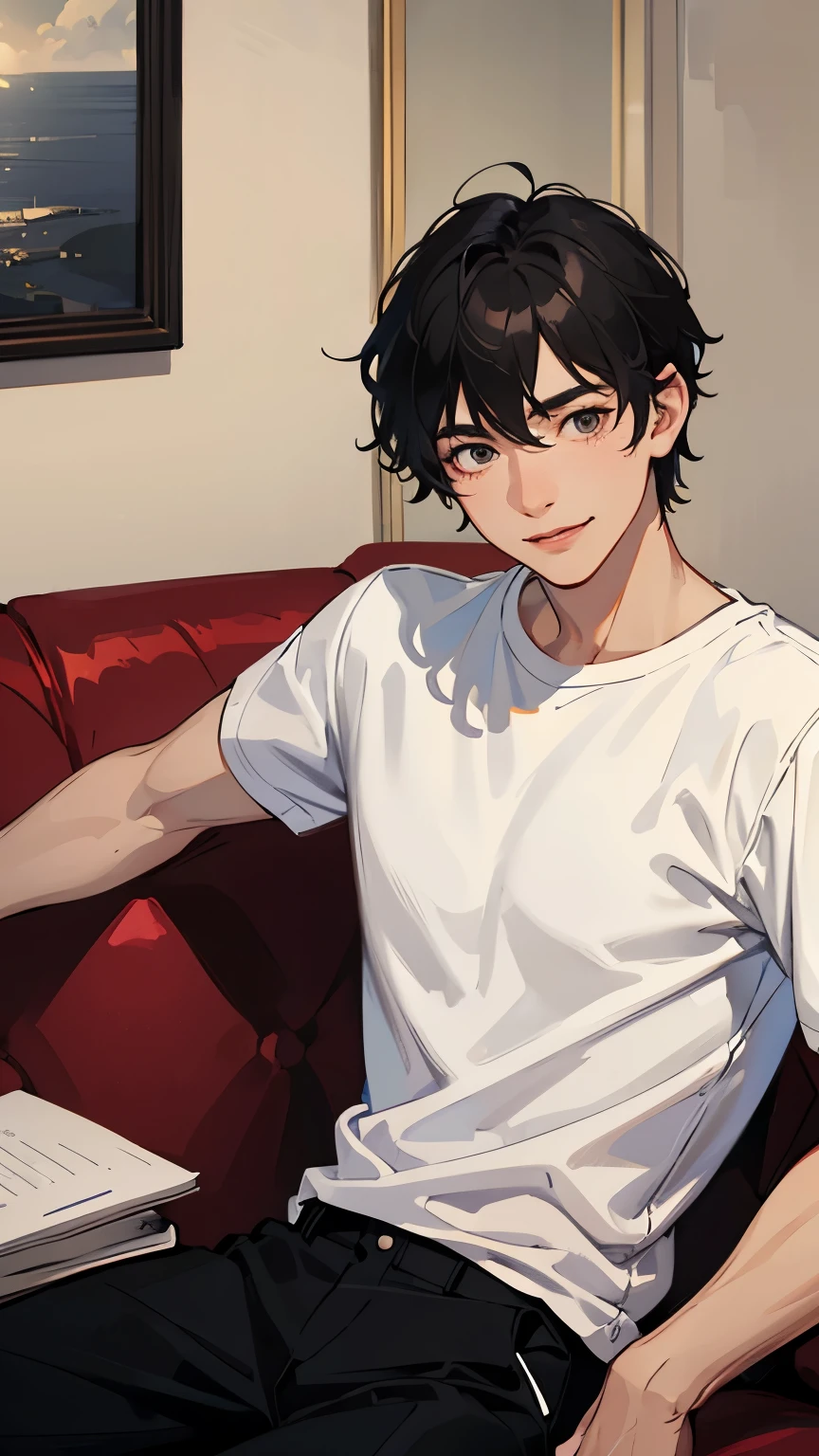 man, young man, man's black hair, black eyes, plain white t-shirt, selfie, sitting on the sofa, night, realistic room lights, soft light, camera filter, smile, extremely detailed