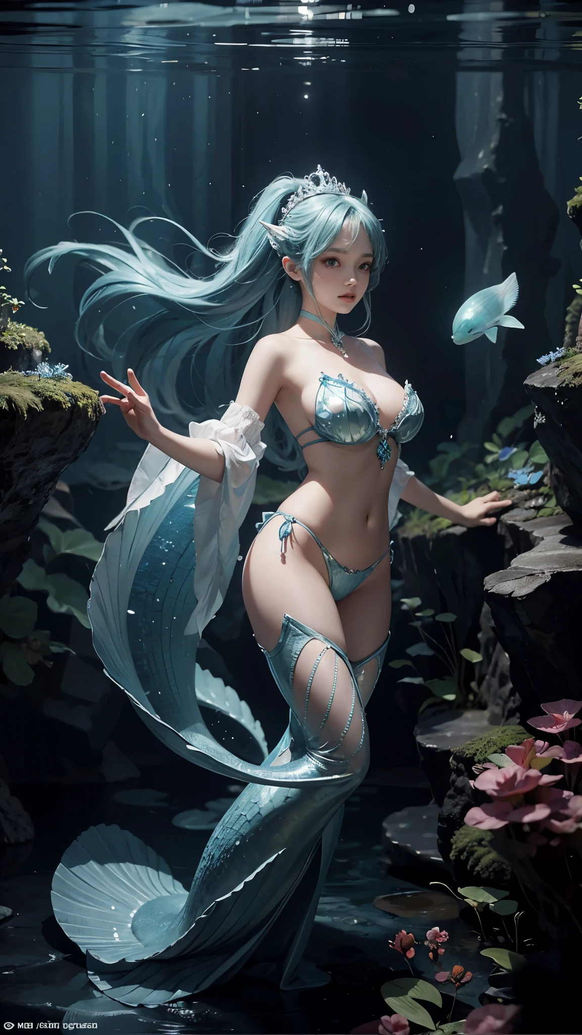 masterpiece,best quality,ultra detailed,anime style,Within the depths of an enchanted cavern,a mermaid girl with bioluminescent scales forms an unlikely alliance with a curious jellyfish companion. Together,they explore the mysterious underwater world,revealing hidden treasures,