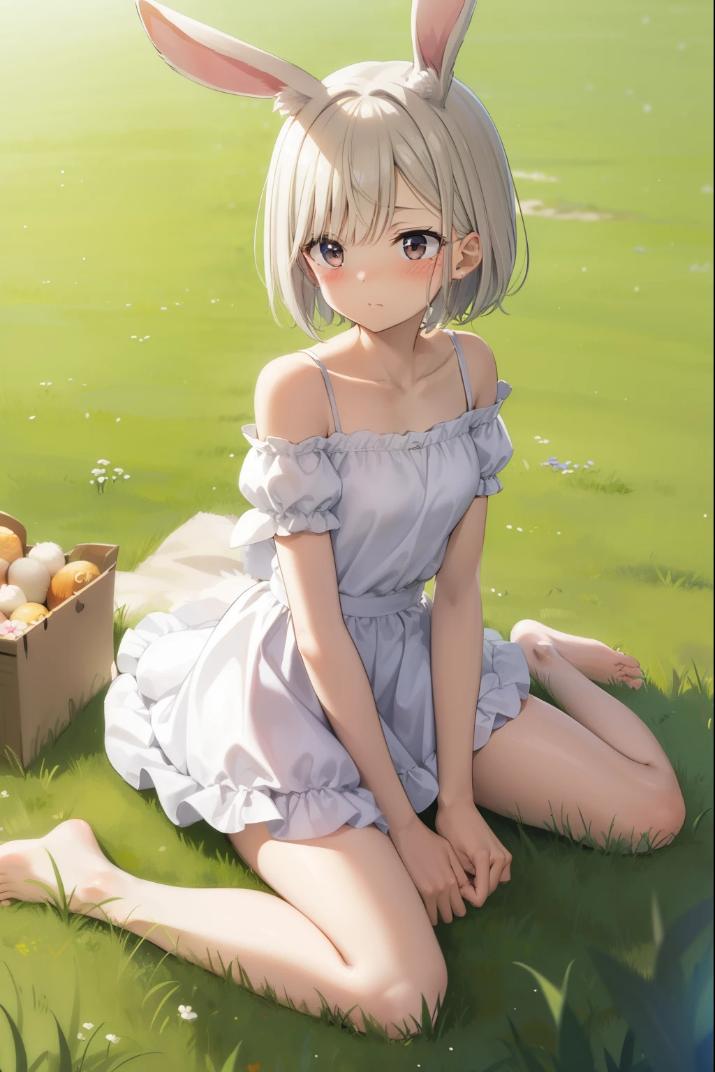 ((masterpiece, best quality)),1girl, solo, animal ears, rabbit, barefoot, skirt, sitting, rabbit ears, short sleeves, (teasing, shy, blushing: 1.3), looking at the audience, grass, short hair, gray hair, puff sleeves, outdoors, fluffy short sleeves, bangs, on the ground, full body, animal, white dress, sunlight, brown eyes, mottled sunlight, daytime,