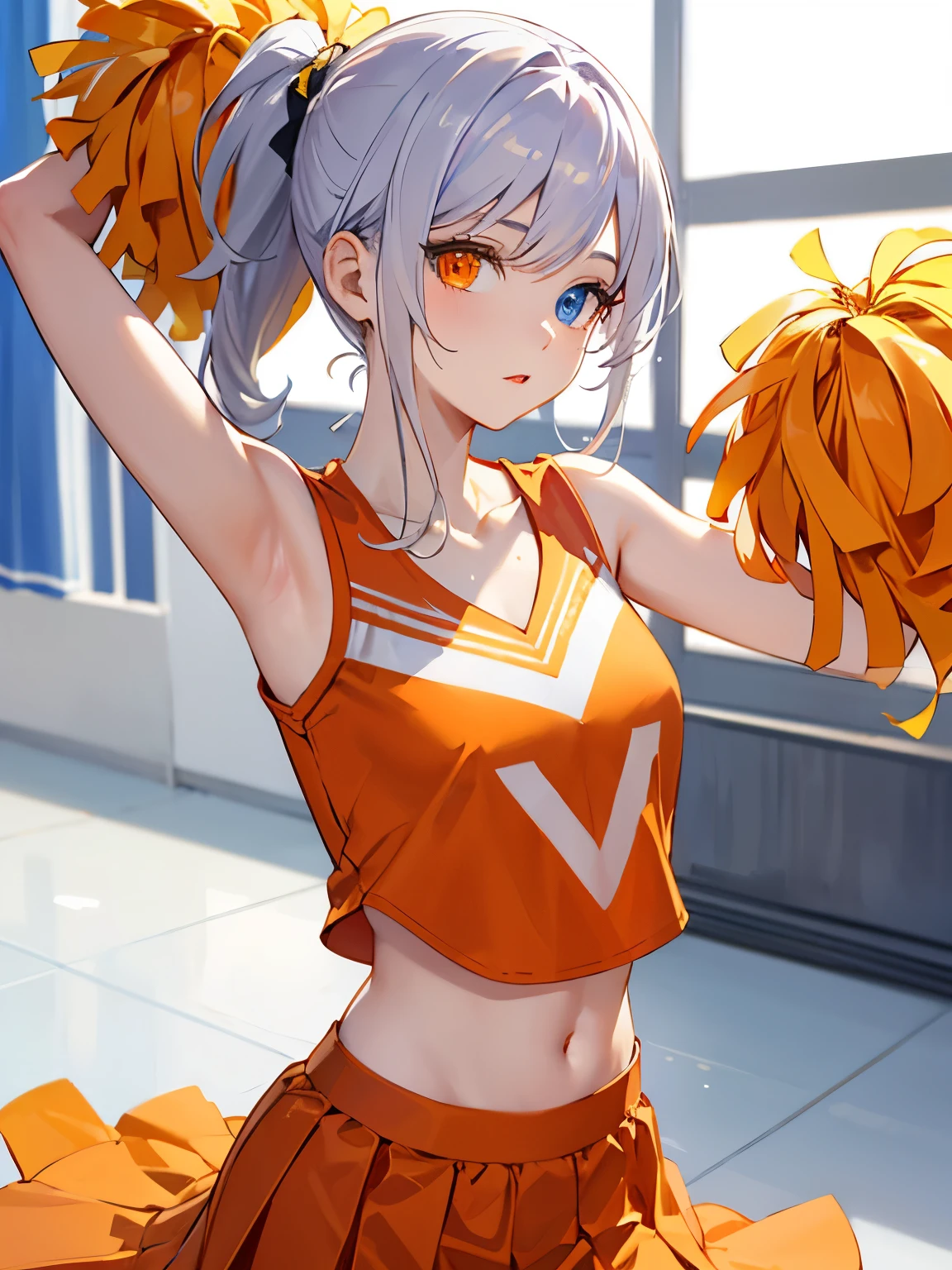 silver hair, ponytail , The Perfect Face, Clear skies, heart eyes, pretty girl, orange cheerleading uniform, clavicle, Heterochromia, mature face , Clear picture, Dancing pose, orange skirt, orange tee, purple hair tie