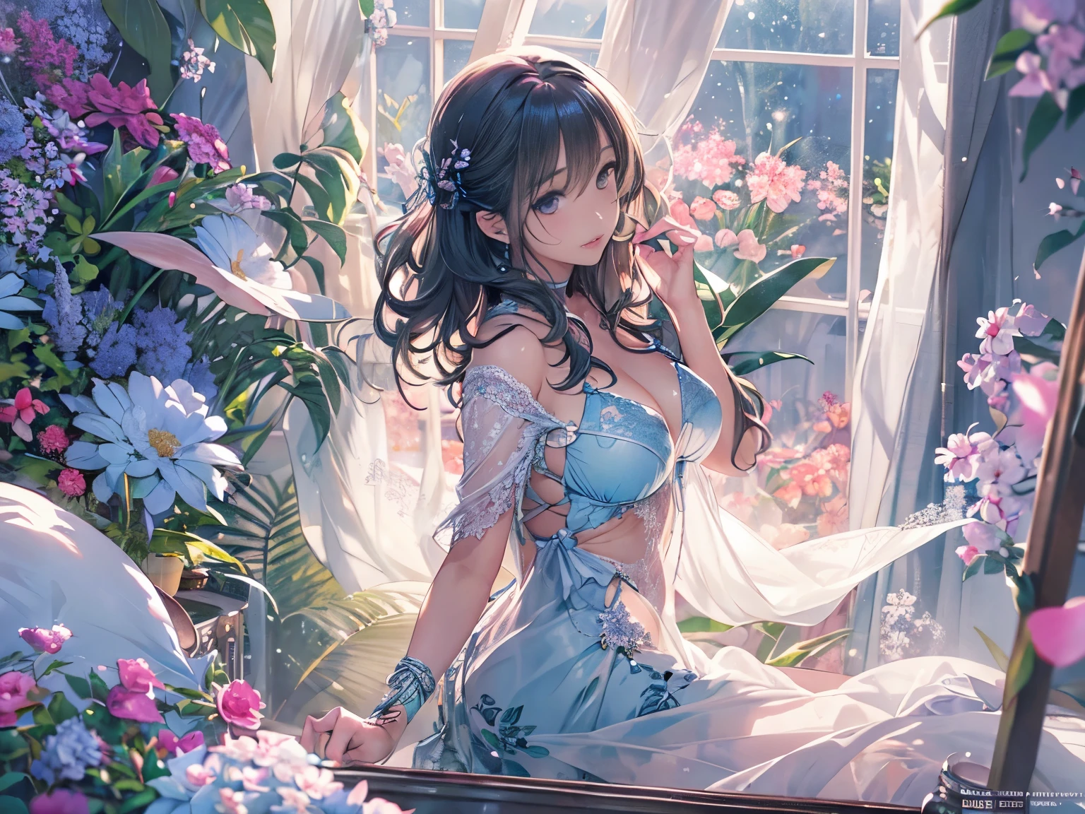 (secret:1.4), glass Room window at sunrise,stare into the distance,shining sapphire ring,plump dark-skinned Mother 33 years old, messy Dark blue hair,small breasts,Chubby,big ass,light blue lace lingerie,Fantastic scenery with lots of cosmic petals dancing, ((Highest quality detailed perfect work Concept art.))、beautiful illustrations, pastel colour, illustration style,Realistic skin feel,realistic material,watercolor painting,