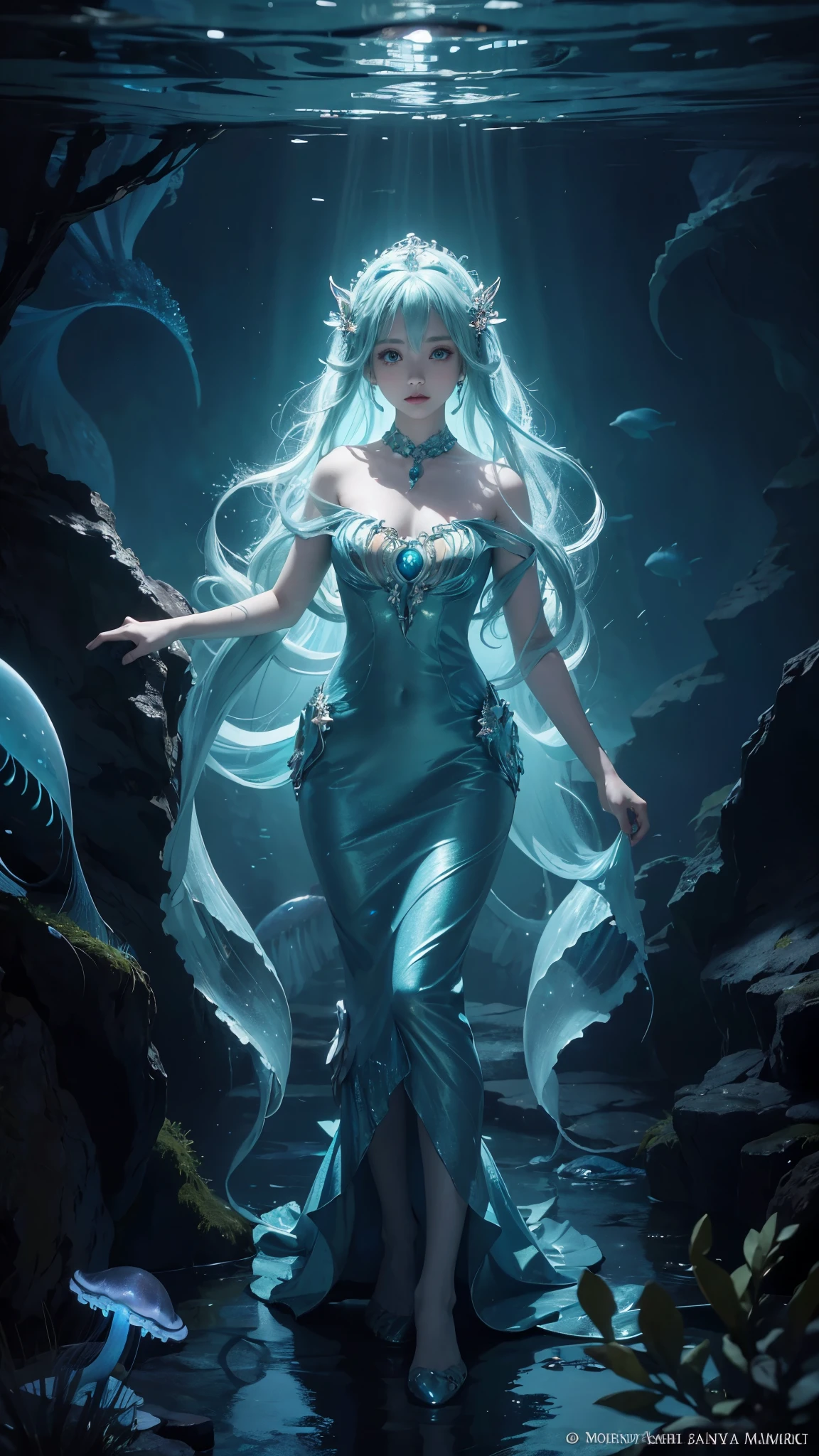 masterpiece,best quality,ultra detailed,anime style,Within the depths of an enchanted cavern,a mermaid girl with bioluminescent scales forms an unlikely alliance with a curious jellyfish companion. Together,they explore the mysterious underwater world,revealing hidden treasures,