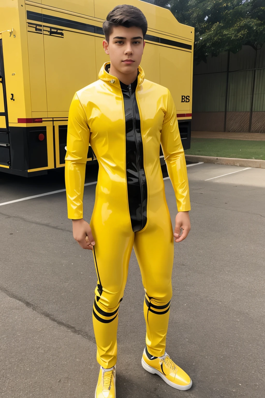A high school boy wearing yellow latex catsuit
