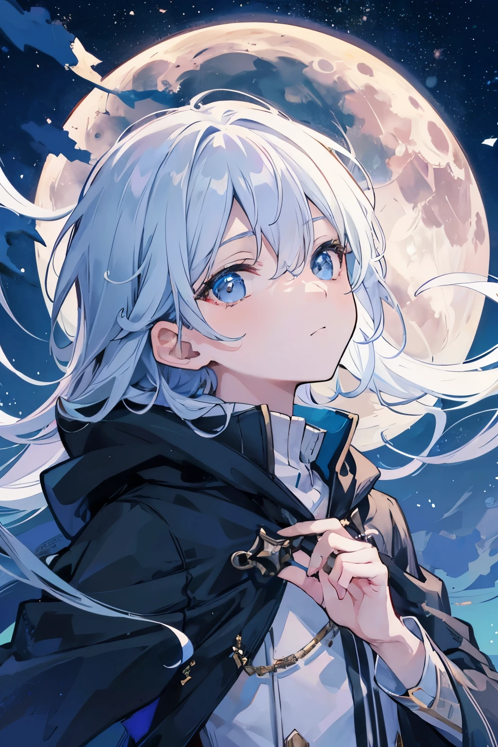 Create exquisite illustrations reminiscent of Makoto Shinkai's style, It has ultra-fine details and top-notch quality. Create an illustration of a boy looking up at the full moon in a fantastic night sky. The boy&#39;s expression is neutral, In those eyes、Contains awe and admiration for the beauty of the moon.. moon, Floating in the fantastic night sky, Emits a mesmerizing glow that illuminates the surrounding clouds and stars. The entire illustration should evoke a dreamy, otherworldly atmosphere, Transports viewers to a realm where the beauty of the night is celebrated. The neutral expression on the boy&#39;s face、Allows the viewer to project their own emotions onto the scene, Make a personal and immersive connection with the enchanting night
