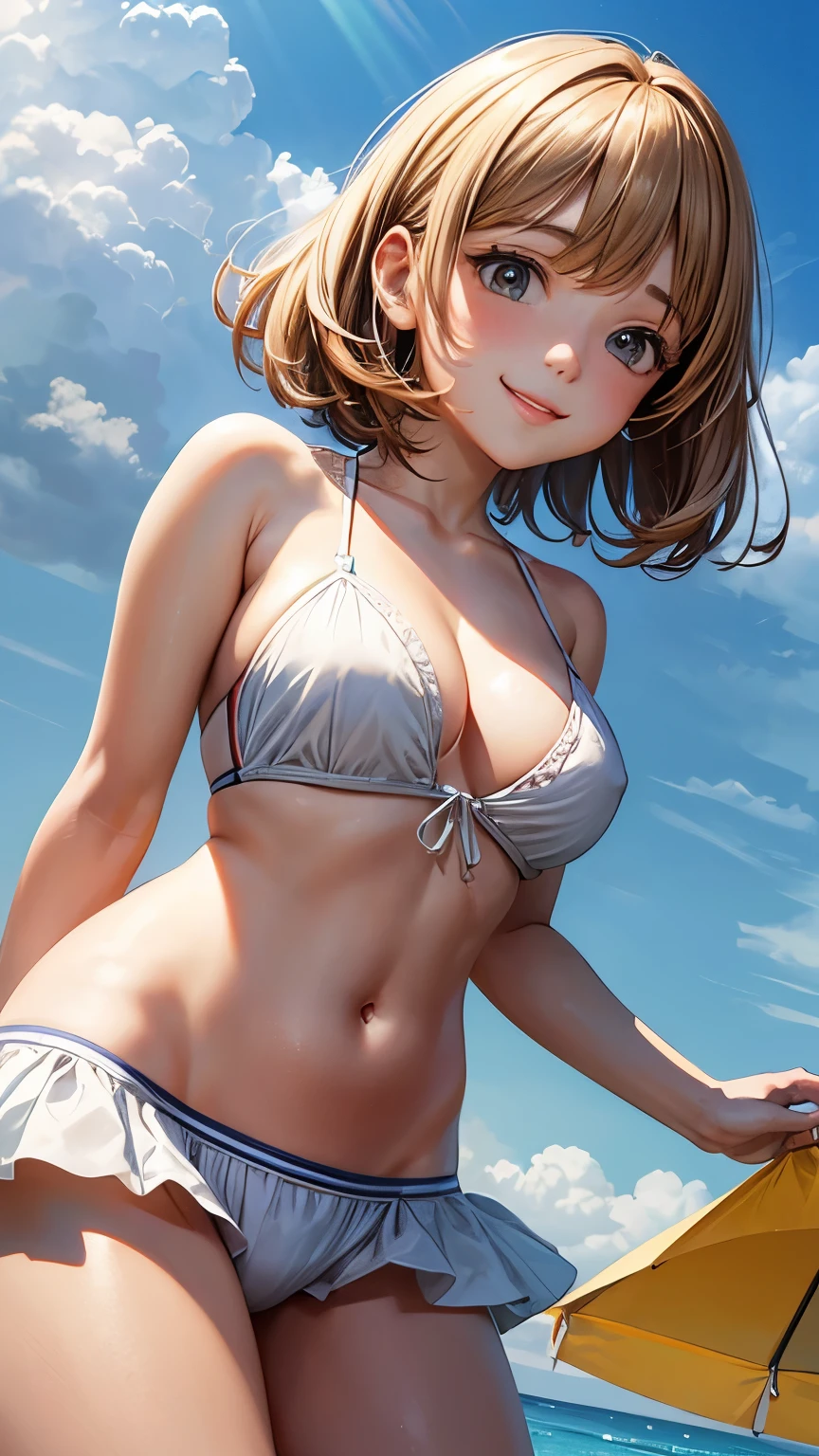 highest quality, masterpiece,  1 girl, smile, sunny、from below、separate swimwear、Light Brown Short Bob Hair、beach、cleavage